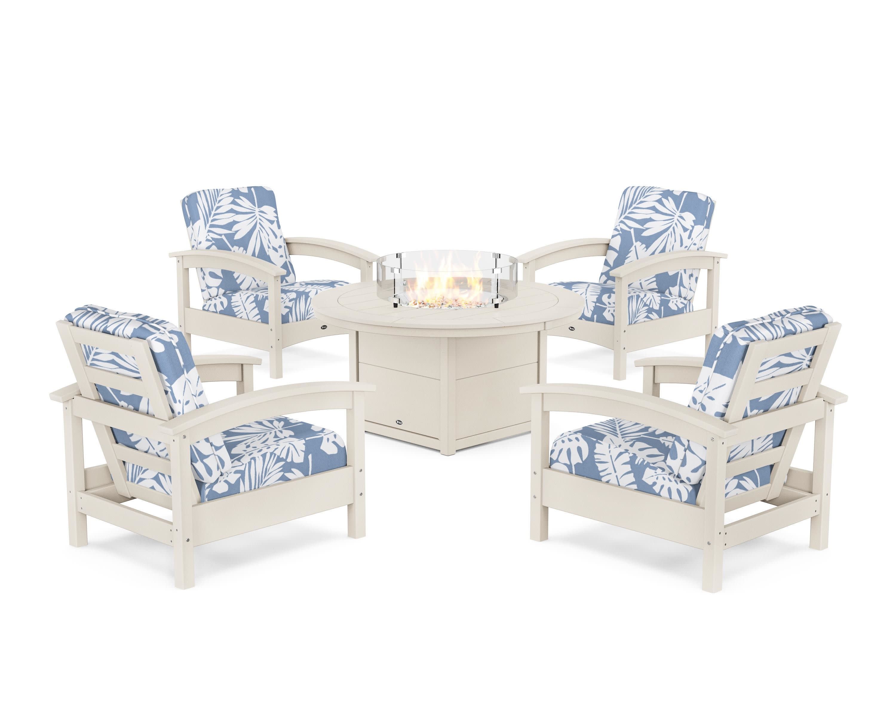 Rockport 5-Piece Deep Seating Set with Round Fire Pit Table in Sand Castle / Leaf Sky Blue