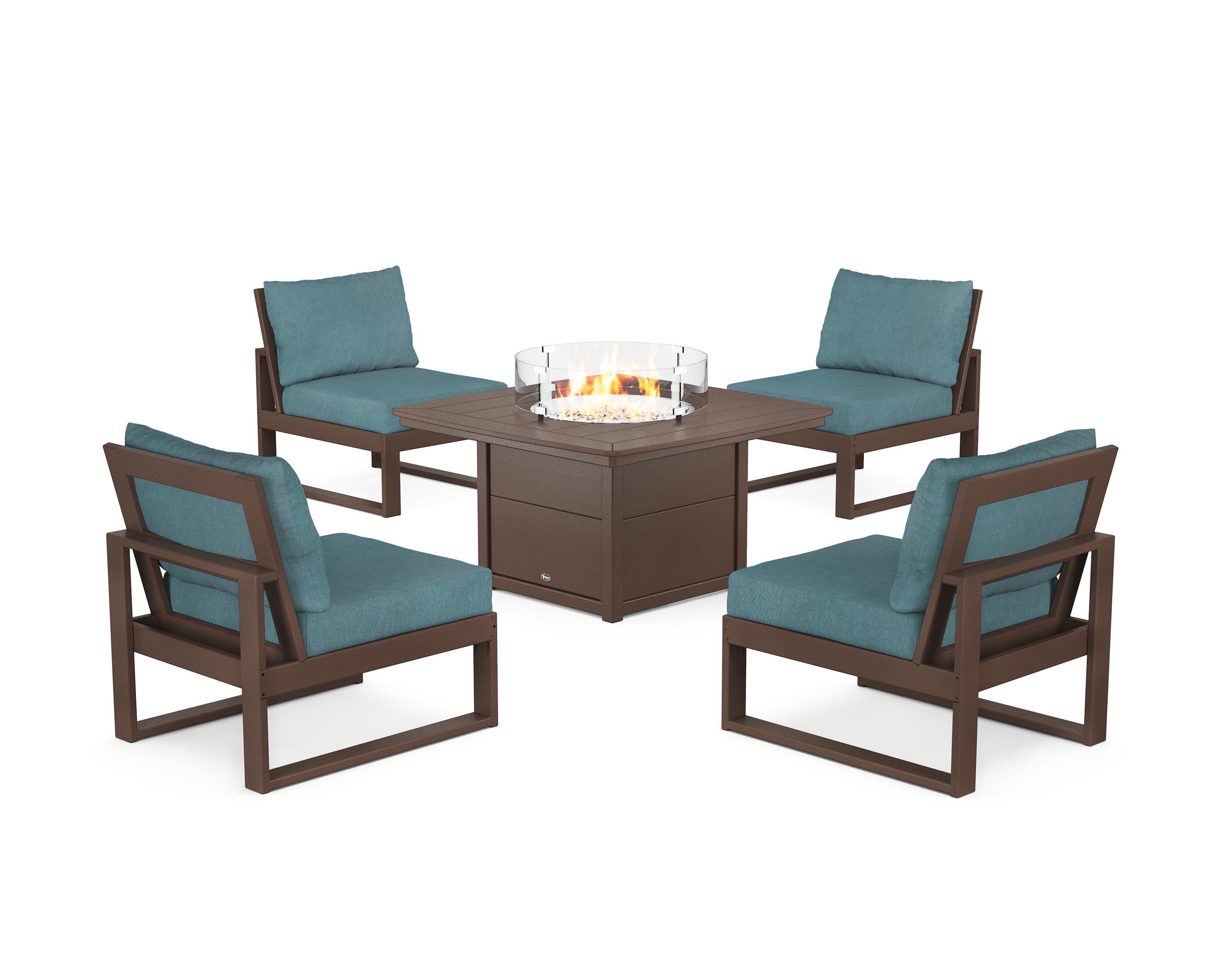 Eastport Modular 5-Piece Deep Seating Set with Yacht Club Fire Pit Table in Vintage Lantern / Ocean Teal