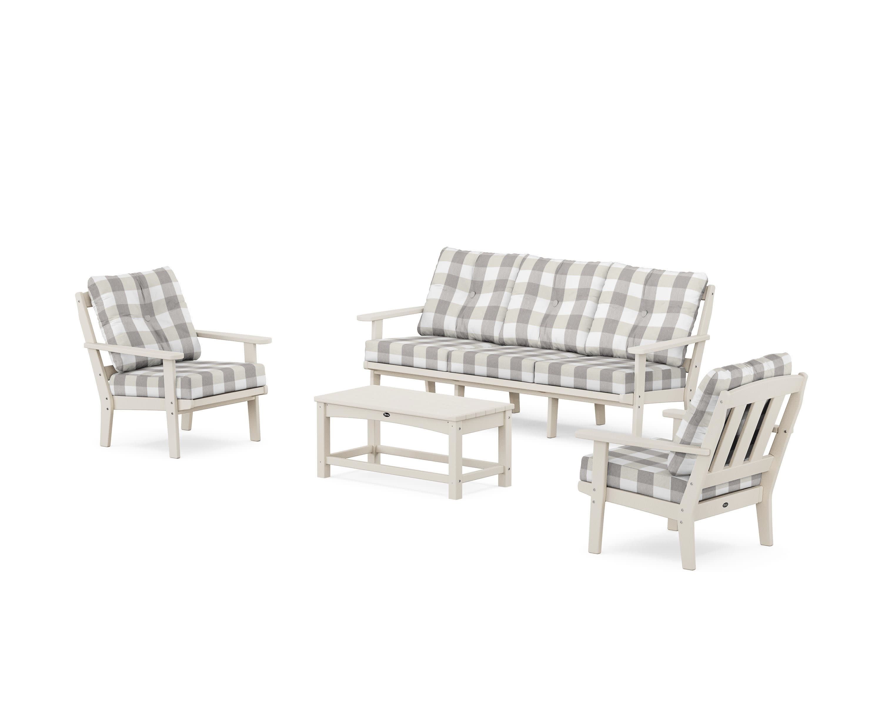 Cape Cod 4-Piece Deep Seating Set with Sofa in Sand Castle / Buffalo Plaid Grey Mist
