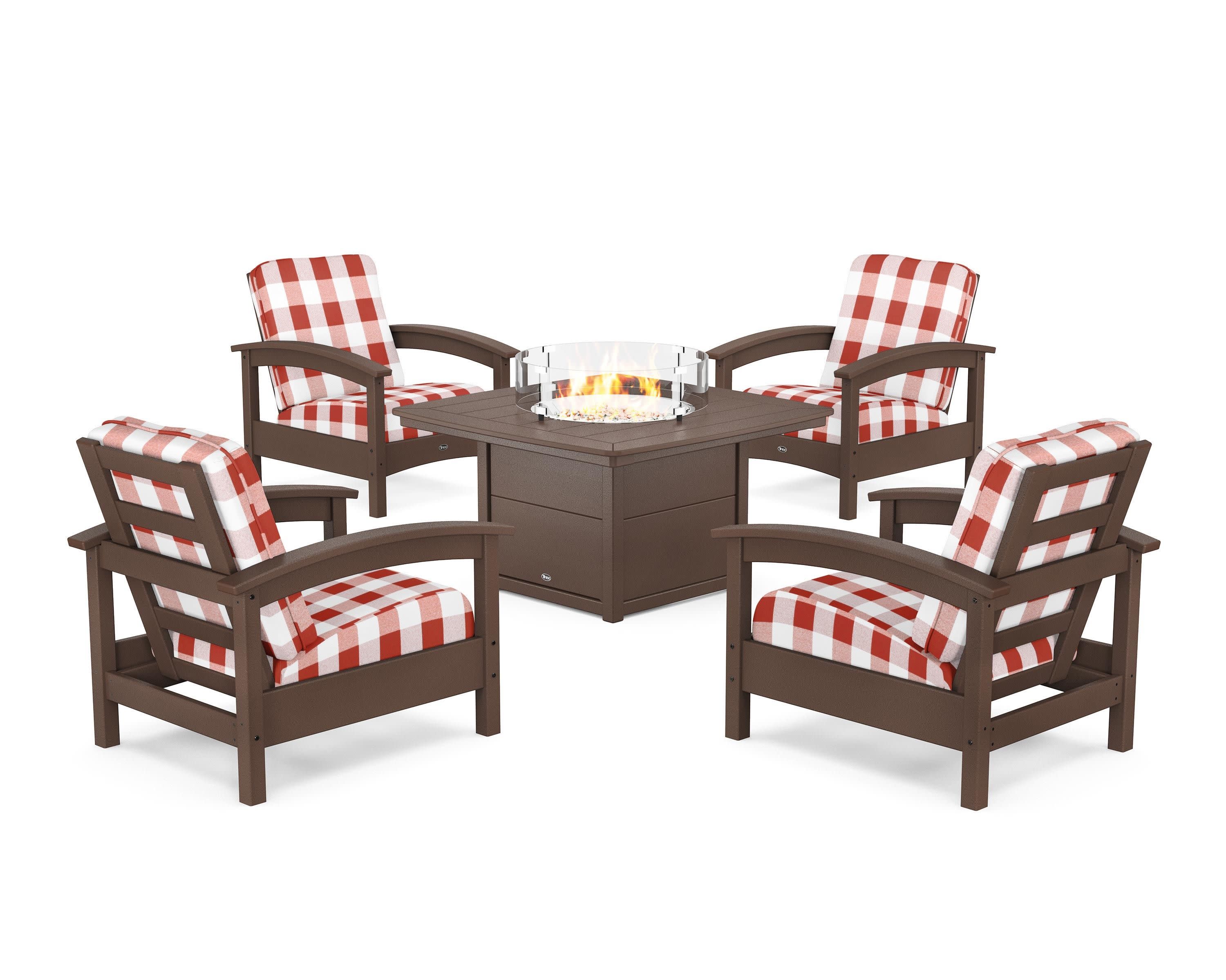 Rockport 5-Piece Deep Seating Set with Yacht Club Fire Pit Table in Vintage Lantern / Buffalo Plaid Crimson