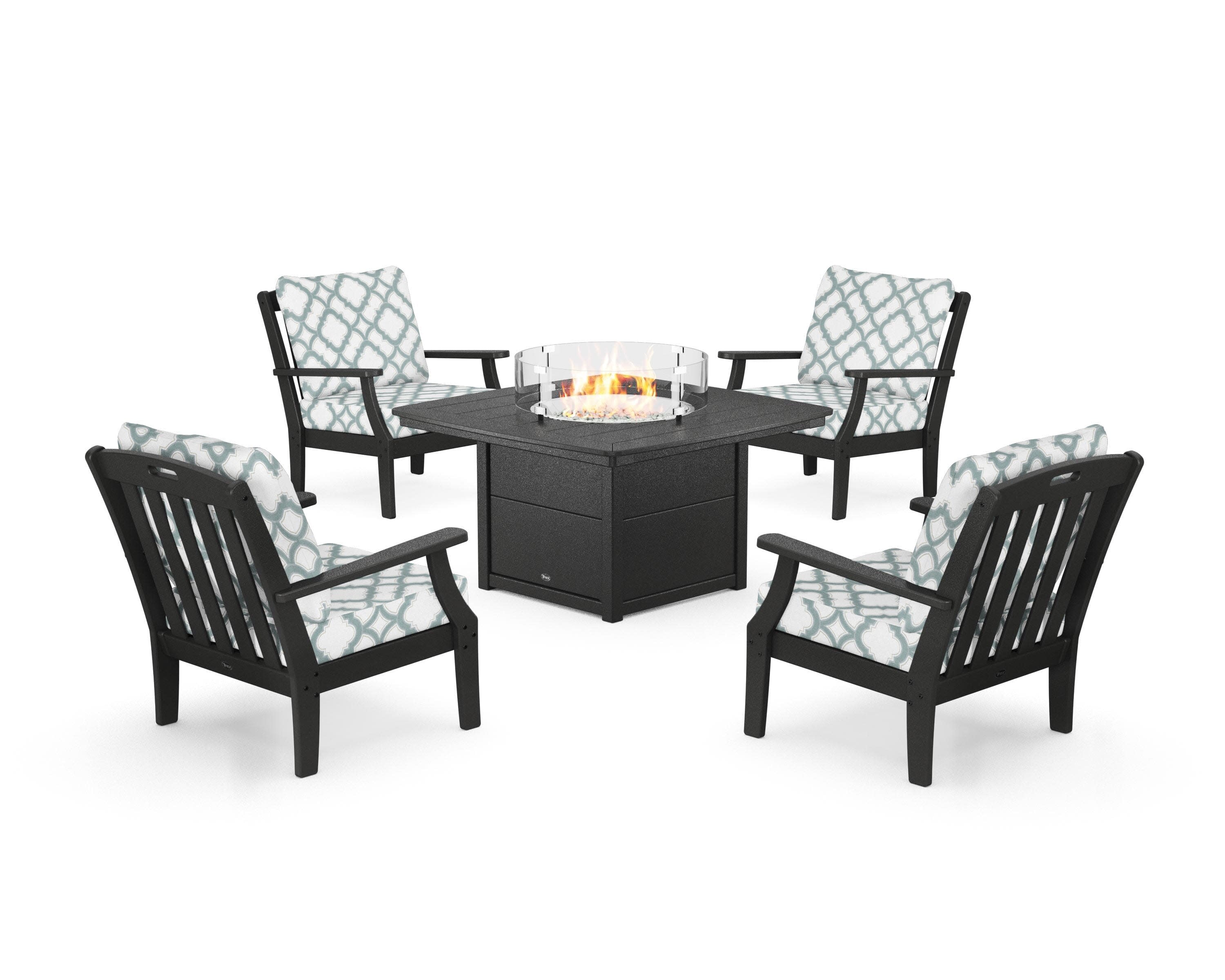 Yacht Club 5-Piece Deep Seating Set with Fire Pit Table in Charcoal Black / Trellis Glacier Spa