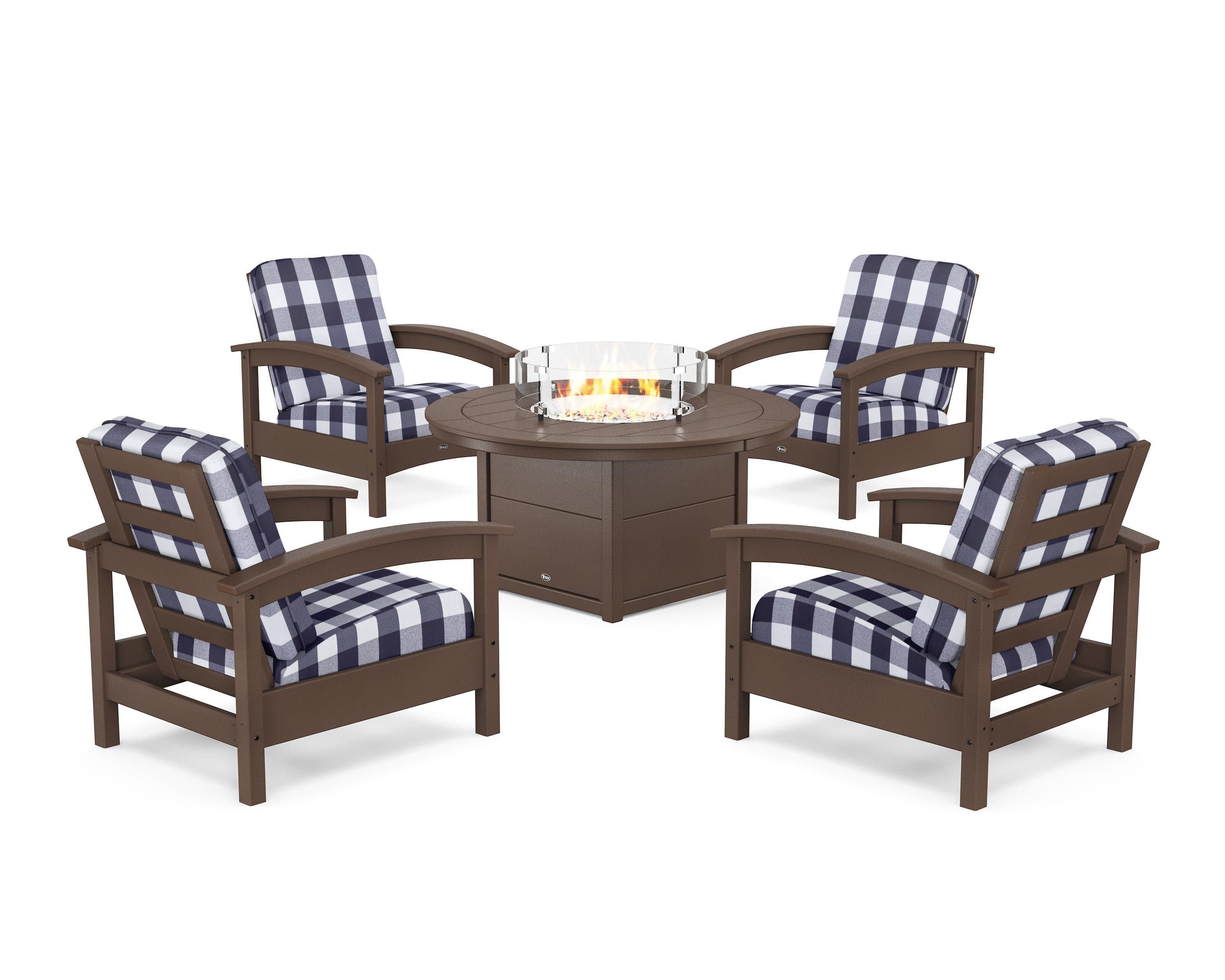 Rockport 5-Piece Deep Seating Set with Round Fire Pit Table in Vintage Lantern / Buffalo Plaid Navy