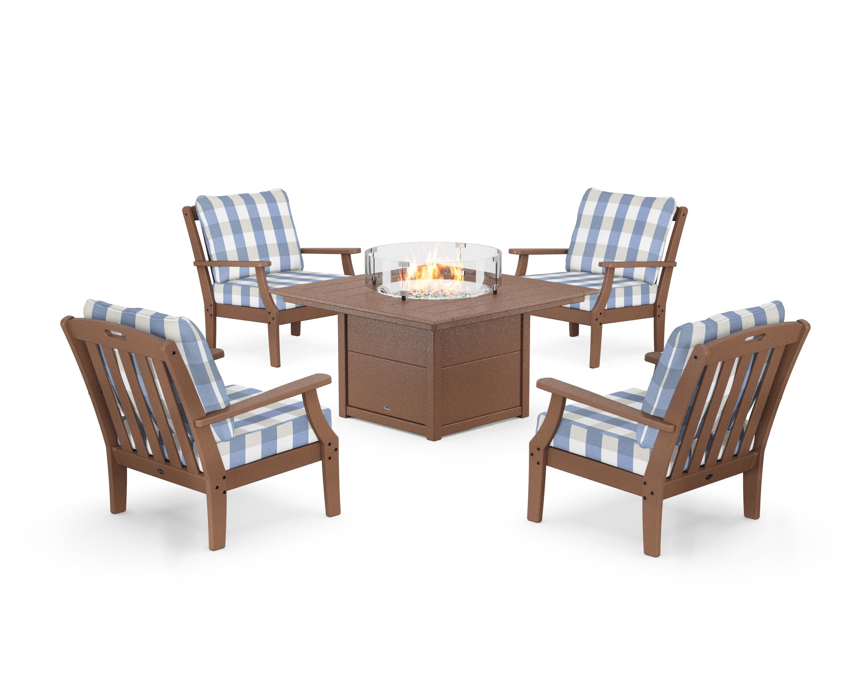 Yacht Club 5-Piece Deep Seating Set with Square Fire Pit Table in Tree House / Buffalo Plaid Sky Blue