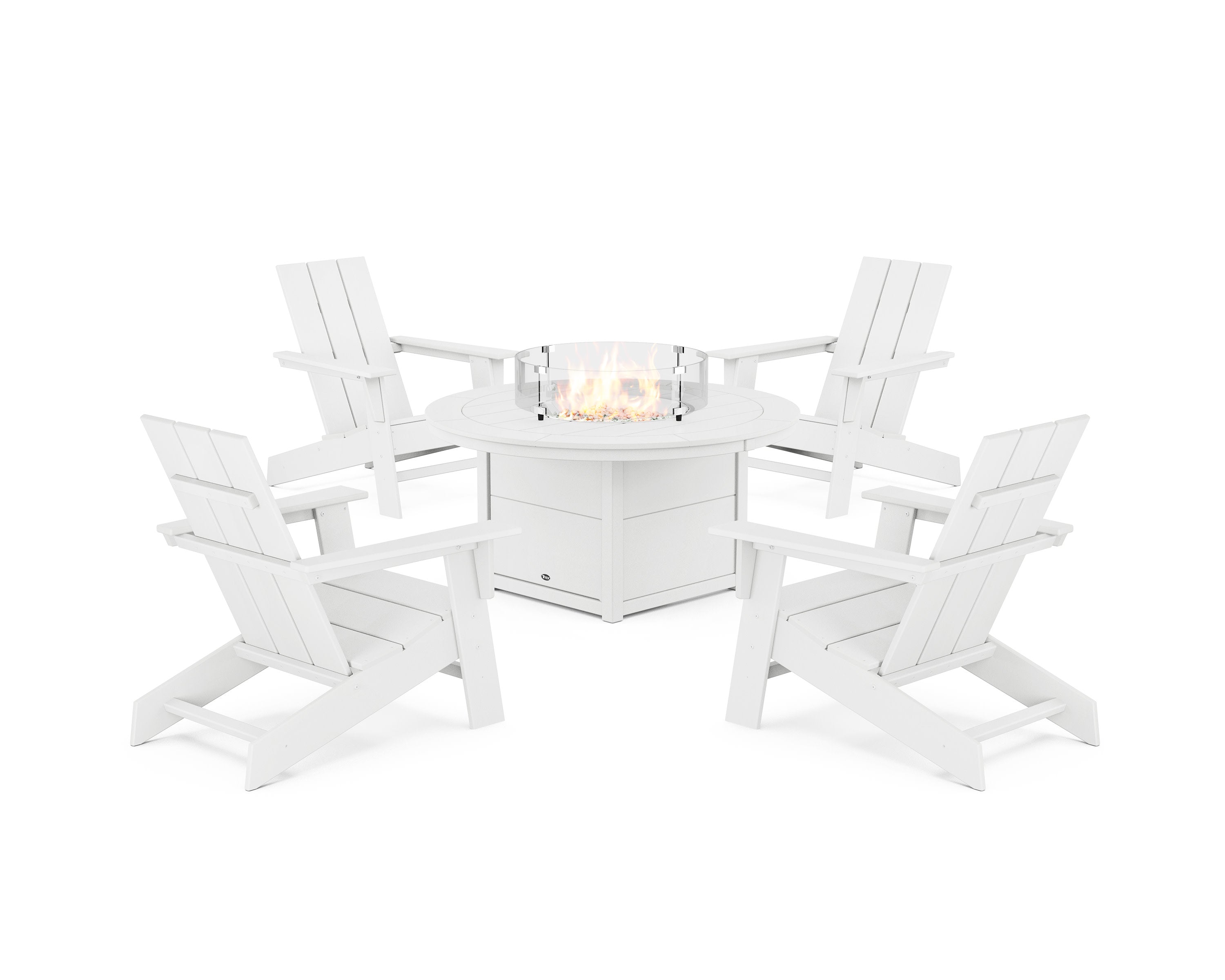 Eastport Modern Adirondack 5-Piece Set with Round Fire Pit Table in Classic White