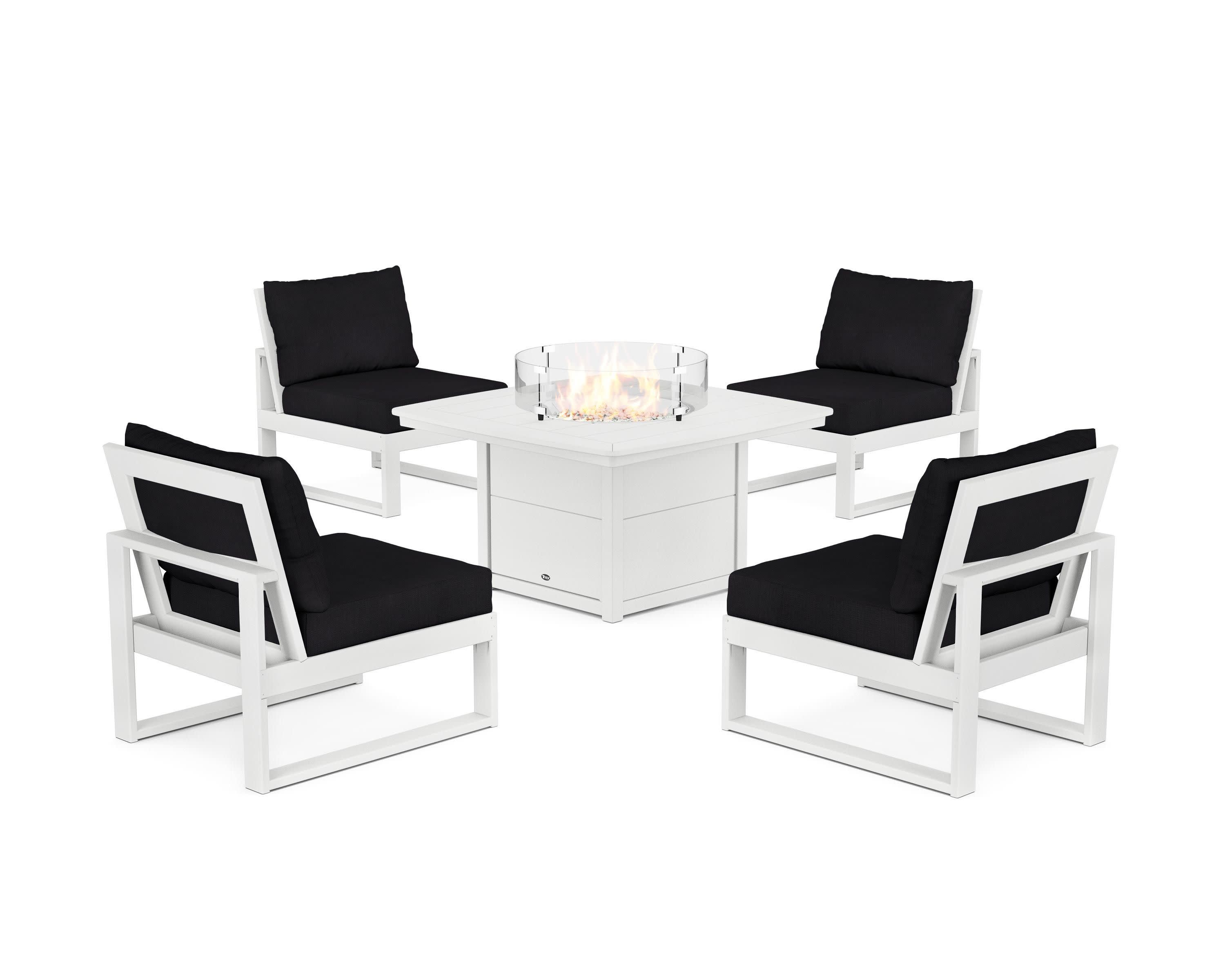 Eastport Modular 5-Piece Deep Seating Set with Yacht Club Fire Pit Table in Classic White / Midnight Linen