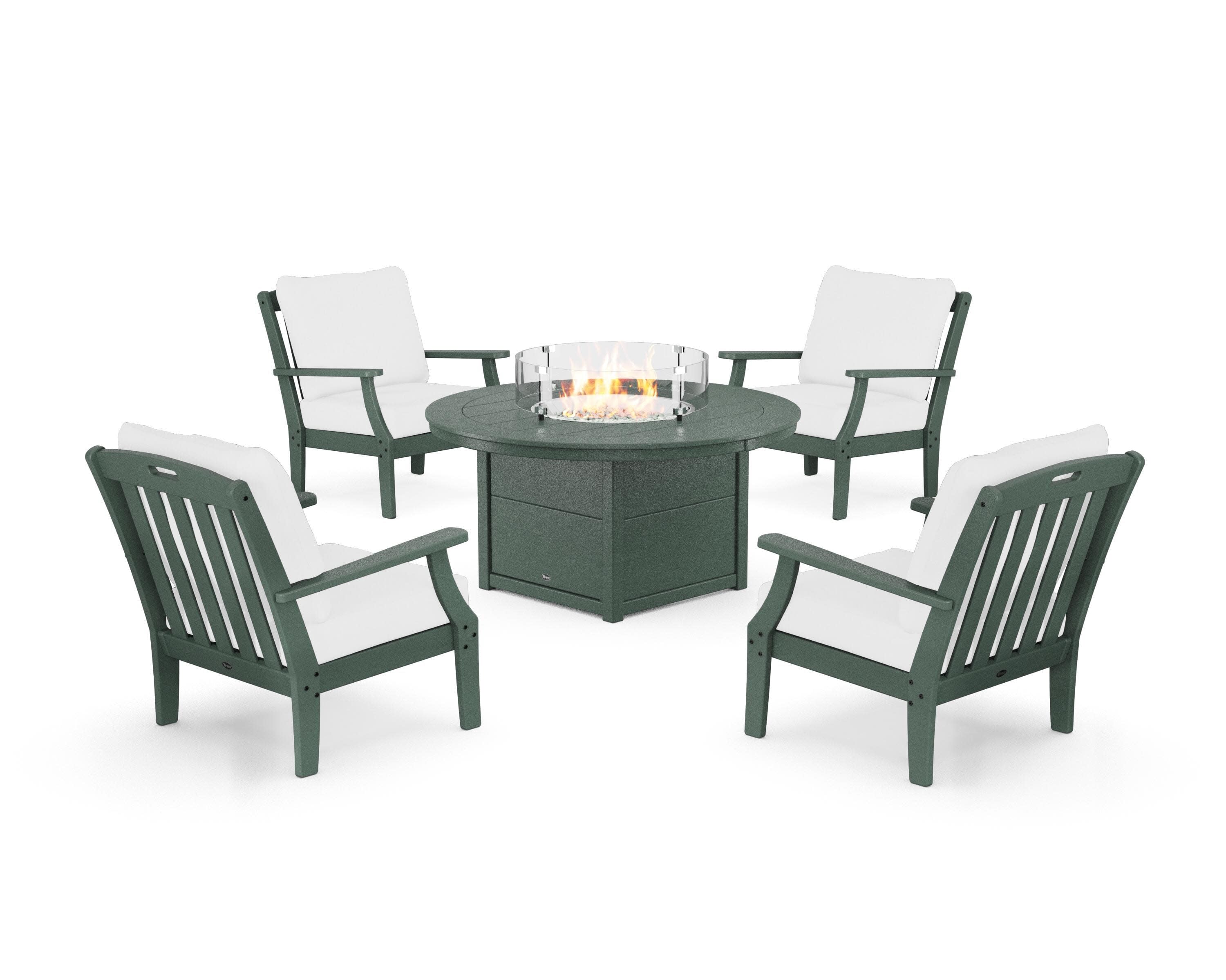 Yacht Club 5-Piece Deep Seating Set with Round Fire Pit Table in Rainforest Canopy / Natural