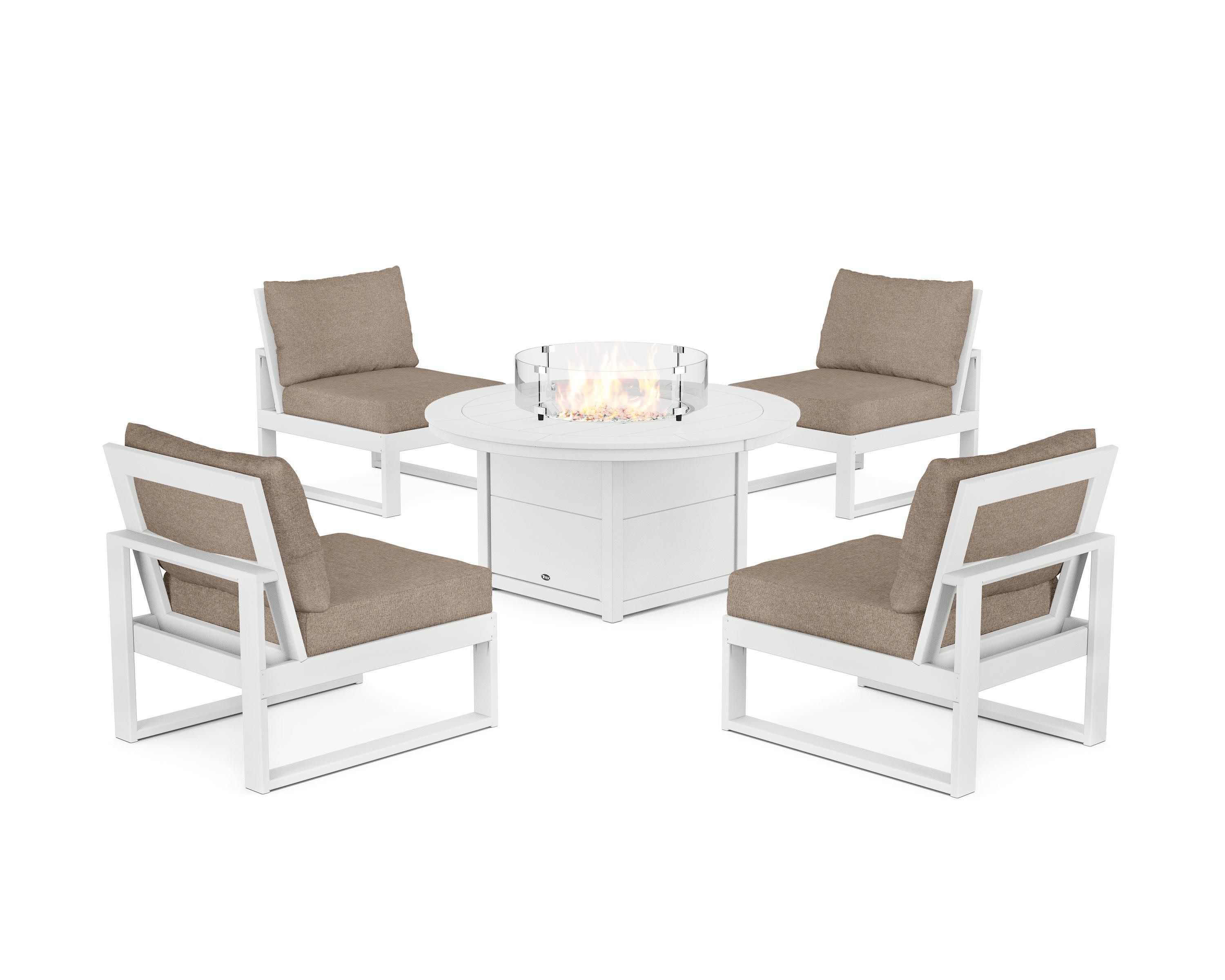 Eastport Modular 5-Piece Deep Seating Set with Round Fire Pit Table in Classic White / Spiced Burlap