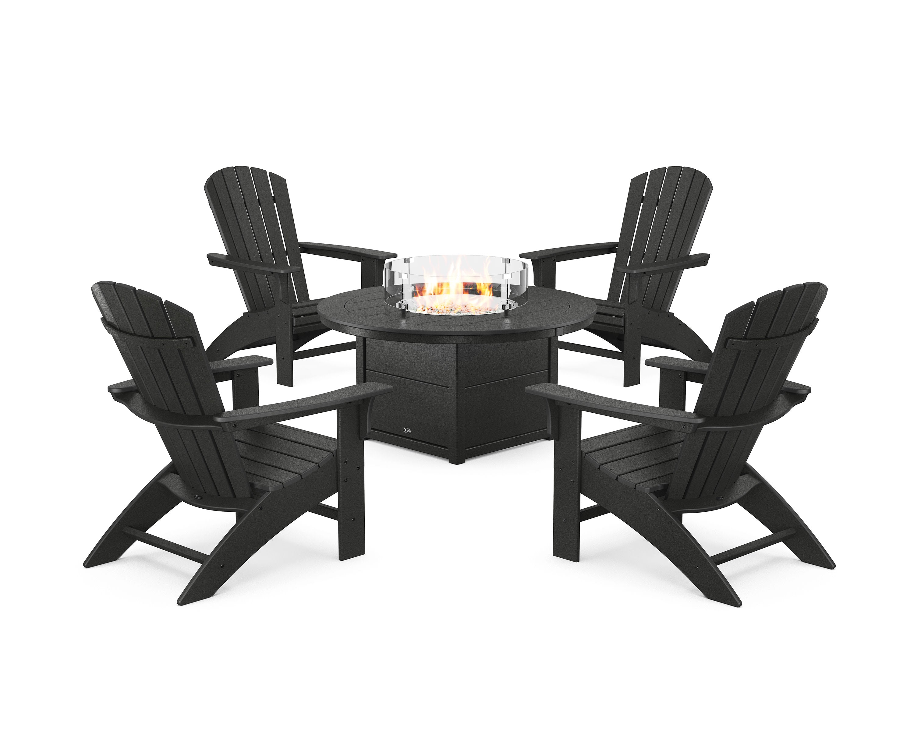 Yacht Club Adirondack 5-Piece Set with Round Fire Pit Table in Charcoal Black