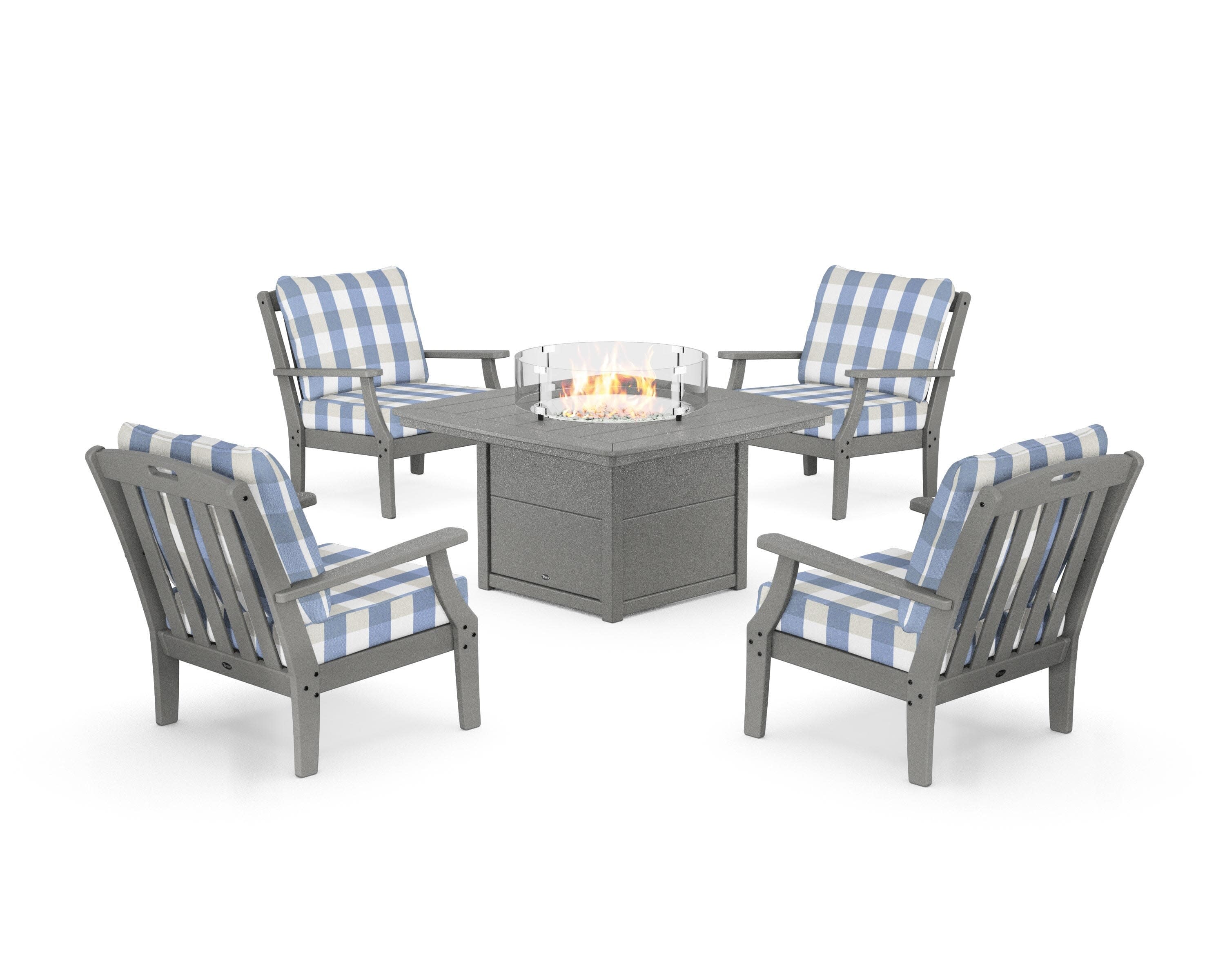 Yacht Club 5-Piece Deep Seating Set with Fire Pit Table in Stepping Stone / Buffalo Plaid Sky Blue