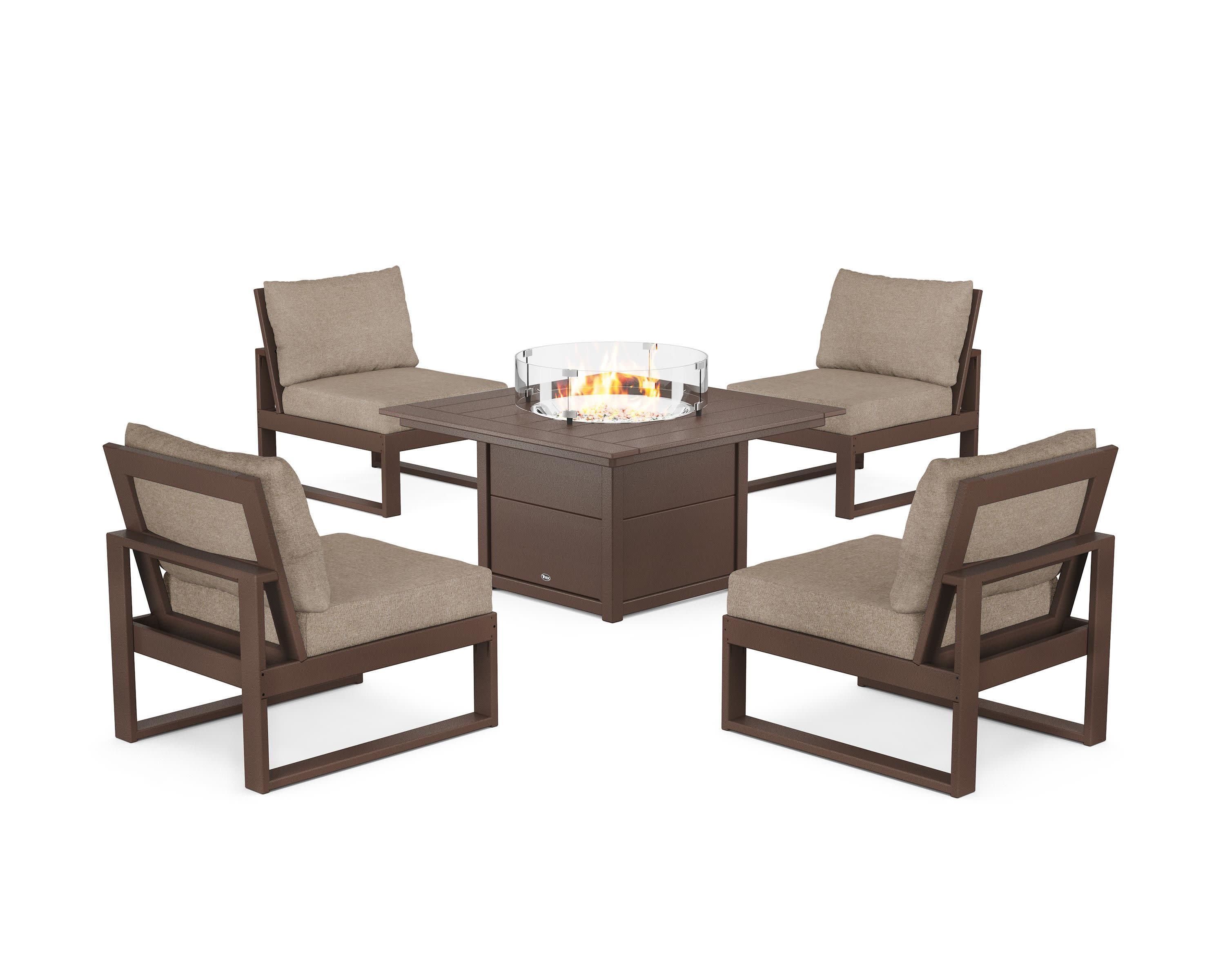 Eastport Modular 5-Piece Deep Seating Set with Square Fire Pit Table in Vintage Lantern / Spiced Burlap