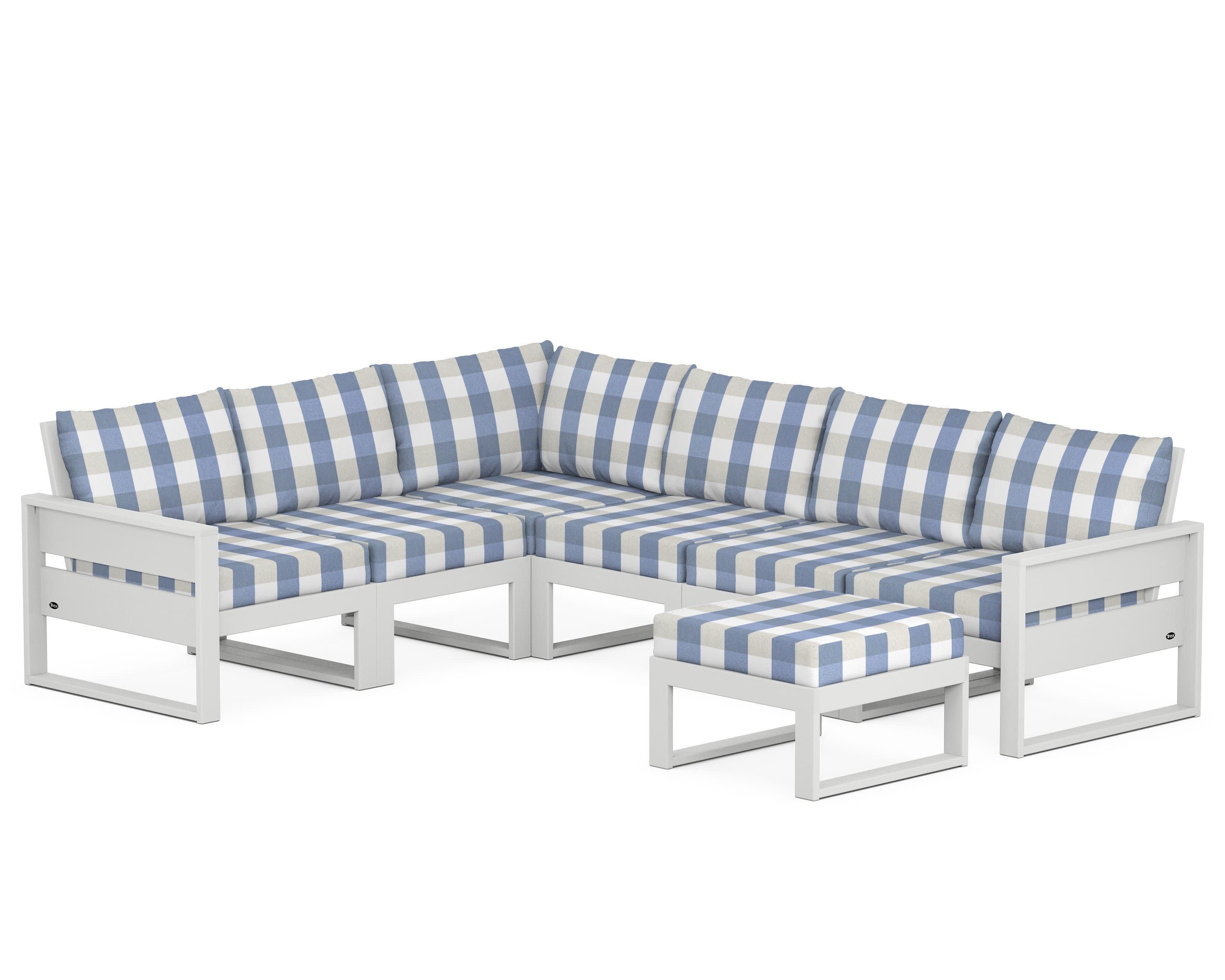 Eastport 6-Piece Sectional with Ottoman in Classic White / Buffalo Plaid Sky Blue