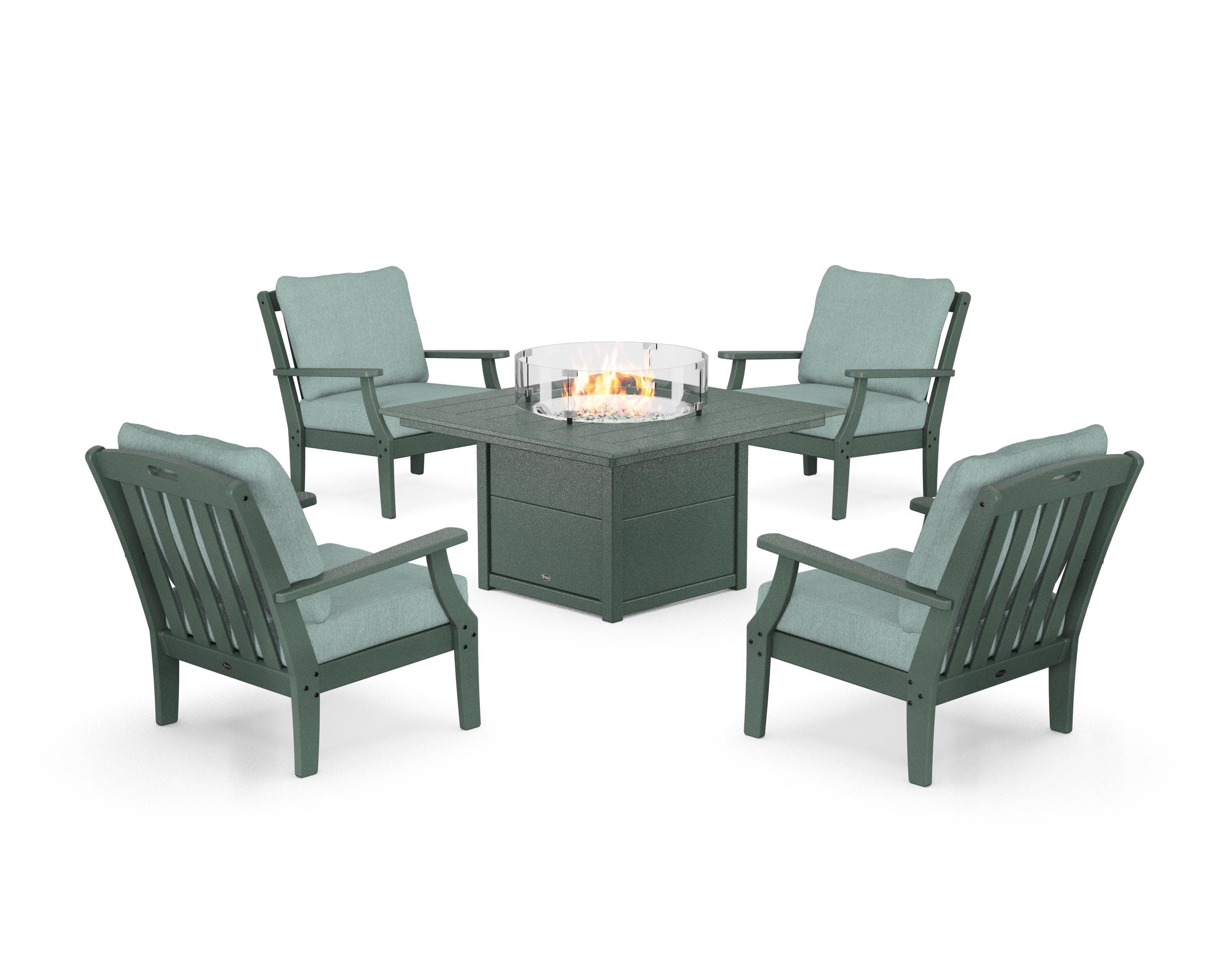 Yacht Club 5-Piece Deep Seating Set with Square Fire Pit Table in Rainforest Canopy / Glacier Spa