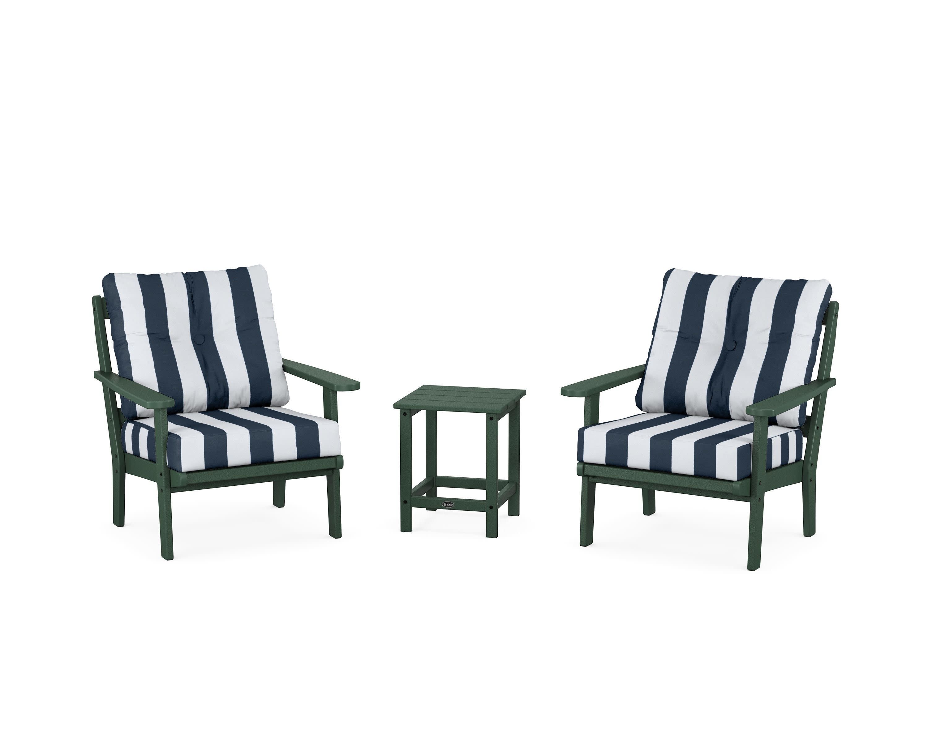 Cape Cod 3-Piece Deep Seating Set in Rainforest Canopy / Cabana Stripe Marine Indigo