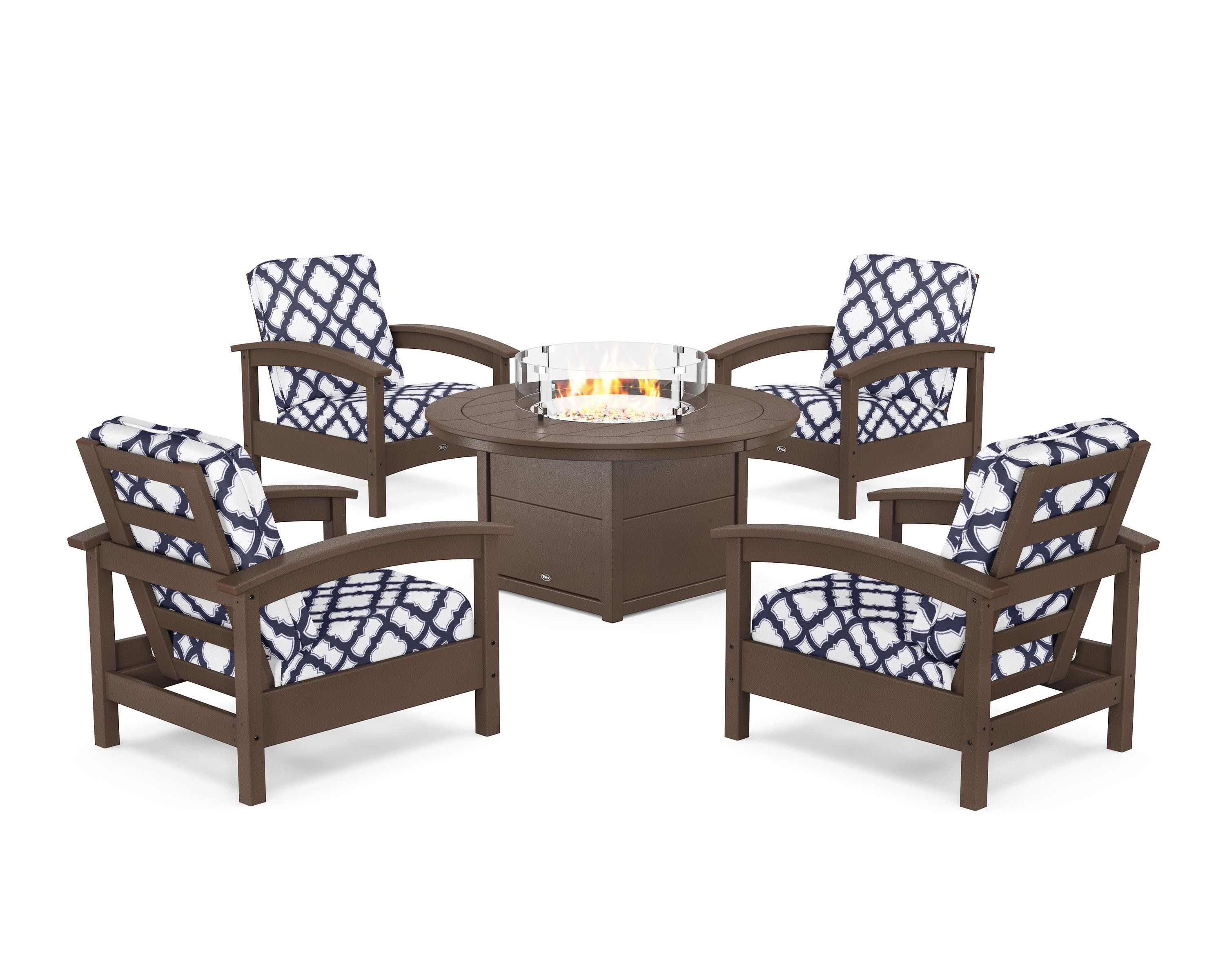 Rockport 5-Piece Deep Seating Set with Round Fire Pit Table in Vintage Lantern / Trellis Navy