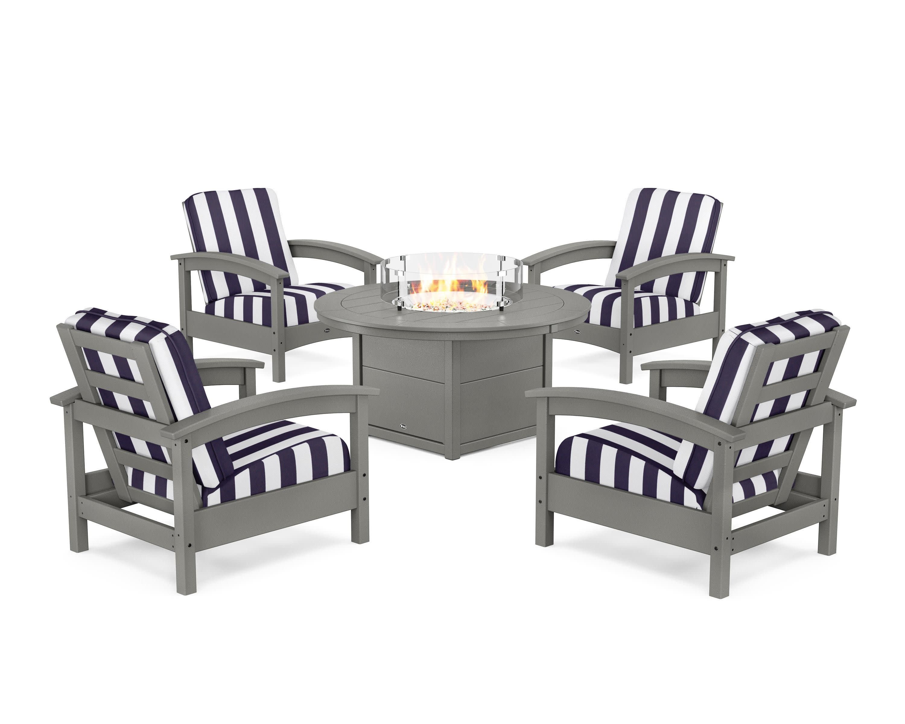 Rockport 5-Piece Deep Seating Set with Round Fire Pit Table in Stepping Stone / Cabana Stripe Navy