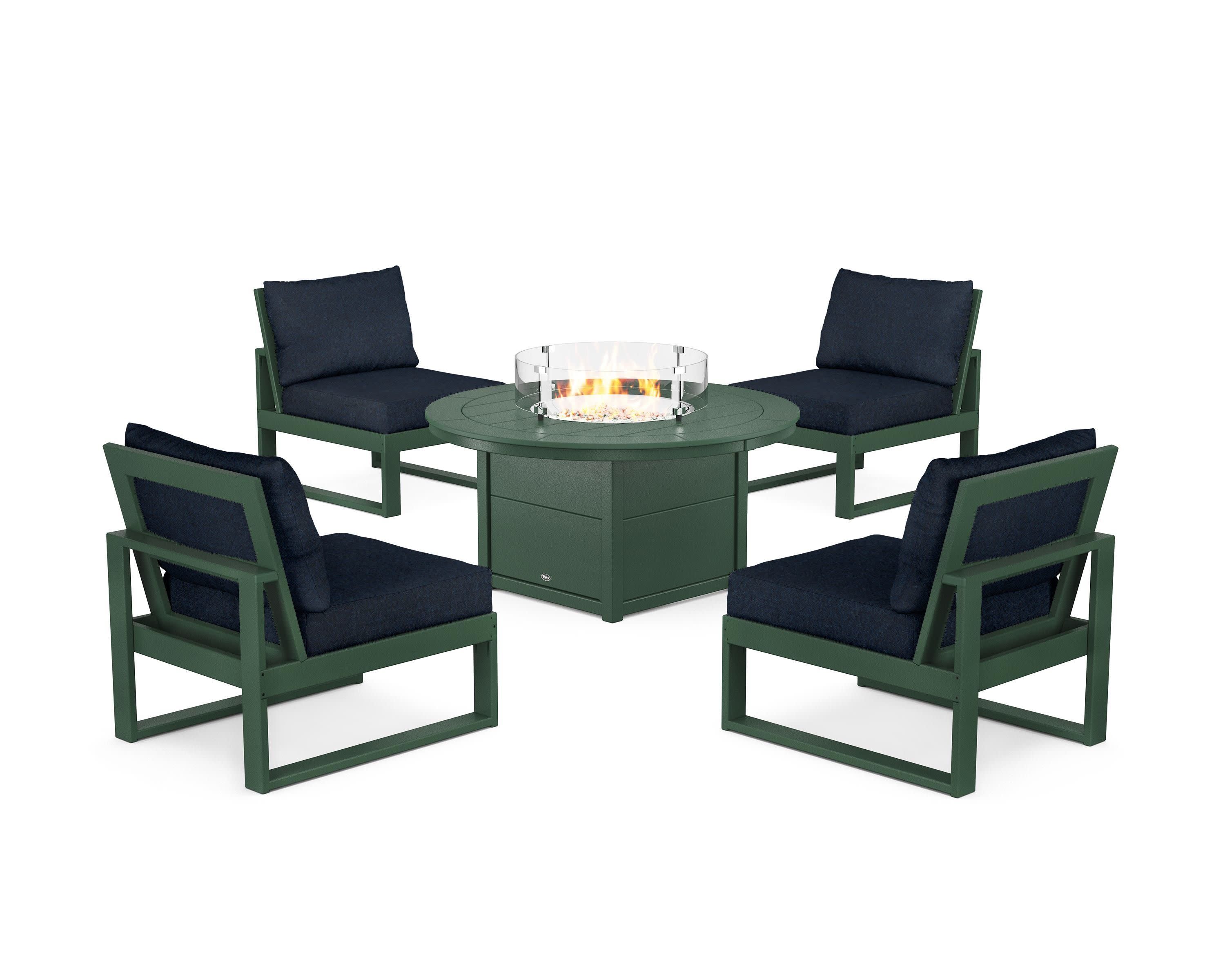 Eastport Modular 5-Piece Deep Seating Set with Round Fire Pit Table in Rainforest Canopy / Marine Indigo