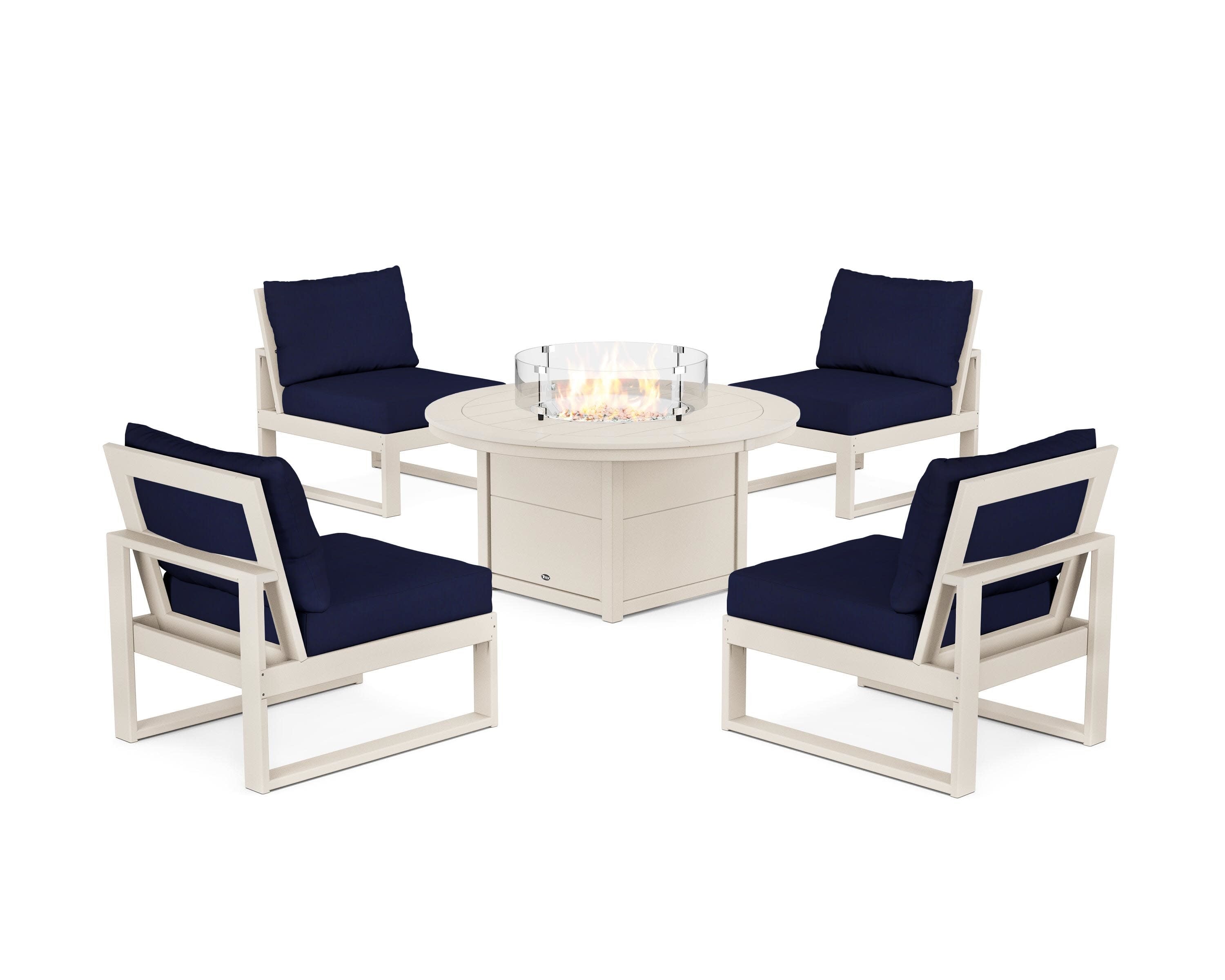 Eastport Modular 5-Piece Deep Seating Set with Round Fire Pit Table in Sand Castle / Navy