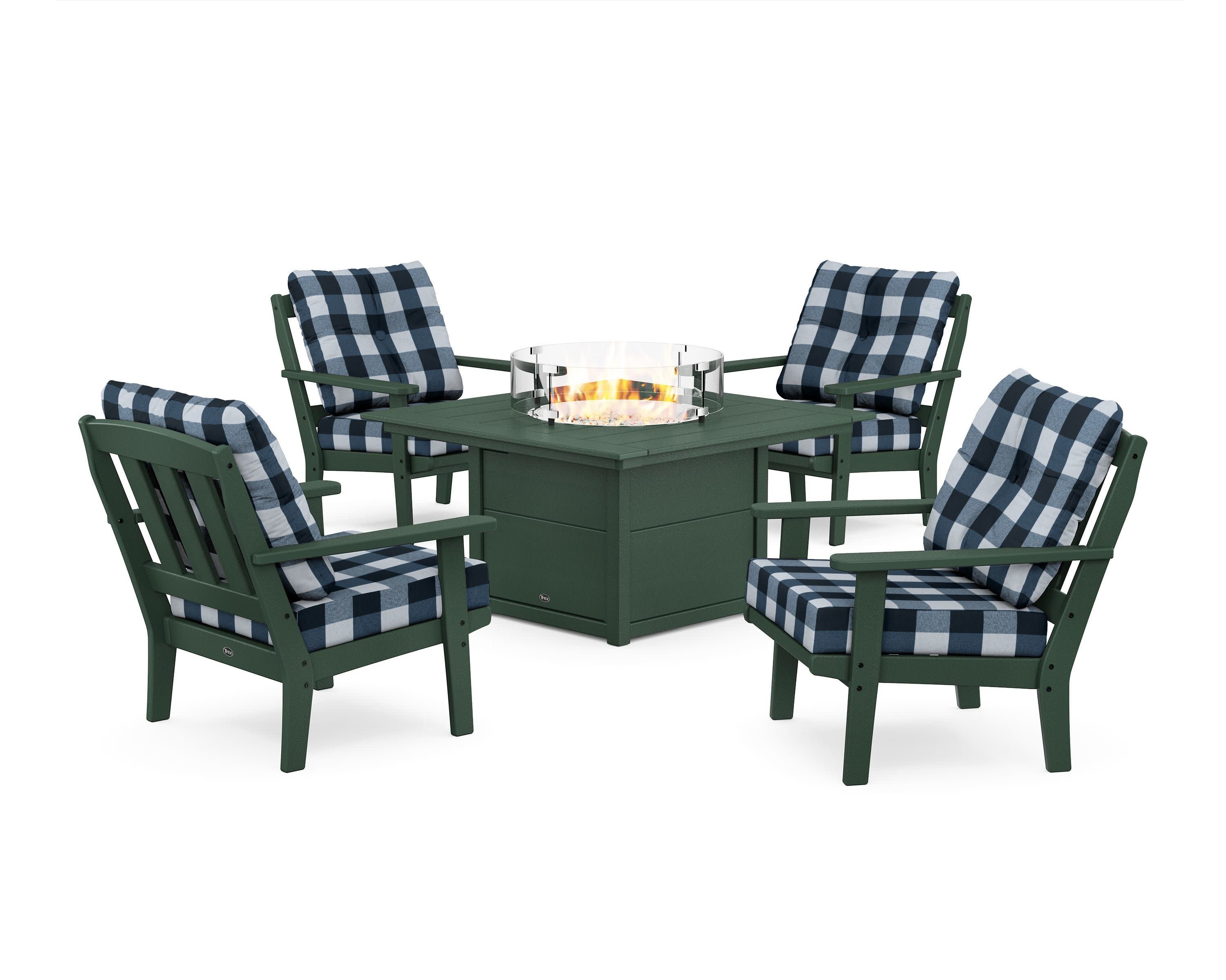 Cape Cod 5-Piece Deep Seating Set with Fire Pit Table in Rainforest Canopy / Buffalo Plaid Marine Indigo