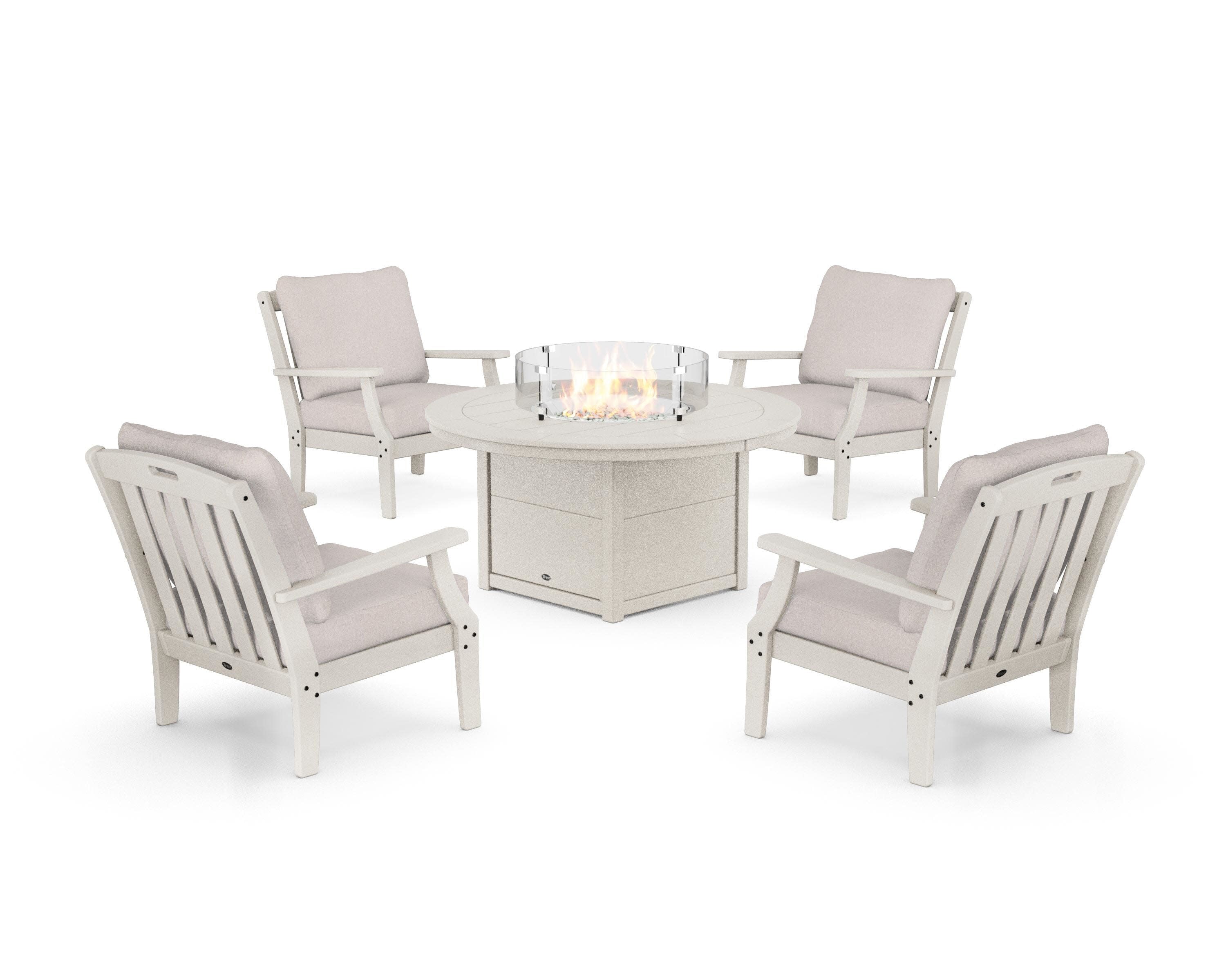 Yacht Club 5-Piece Deep Seating Set with Round Fire Pit Table in Sand Castle / Dune Burlap