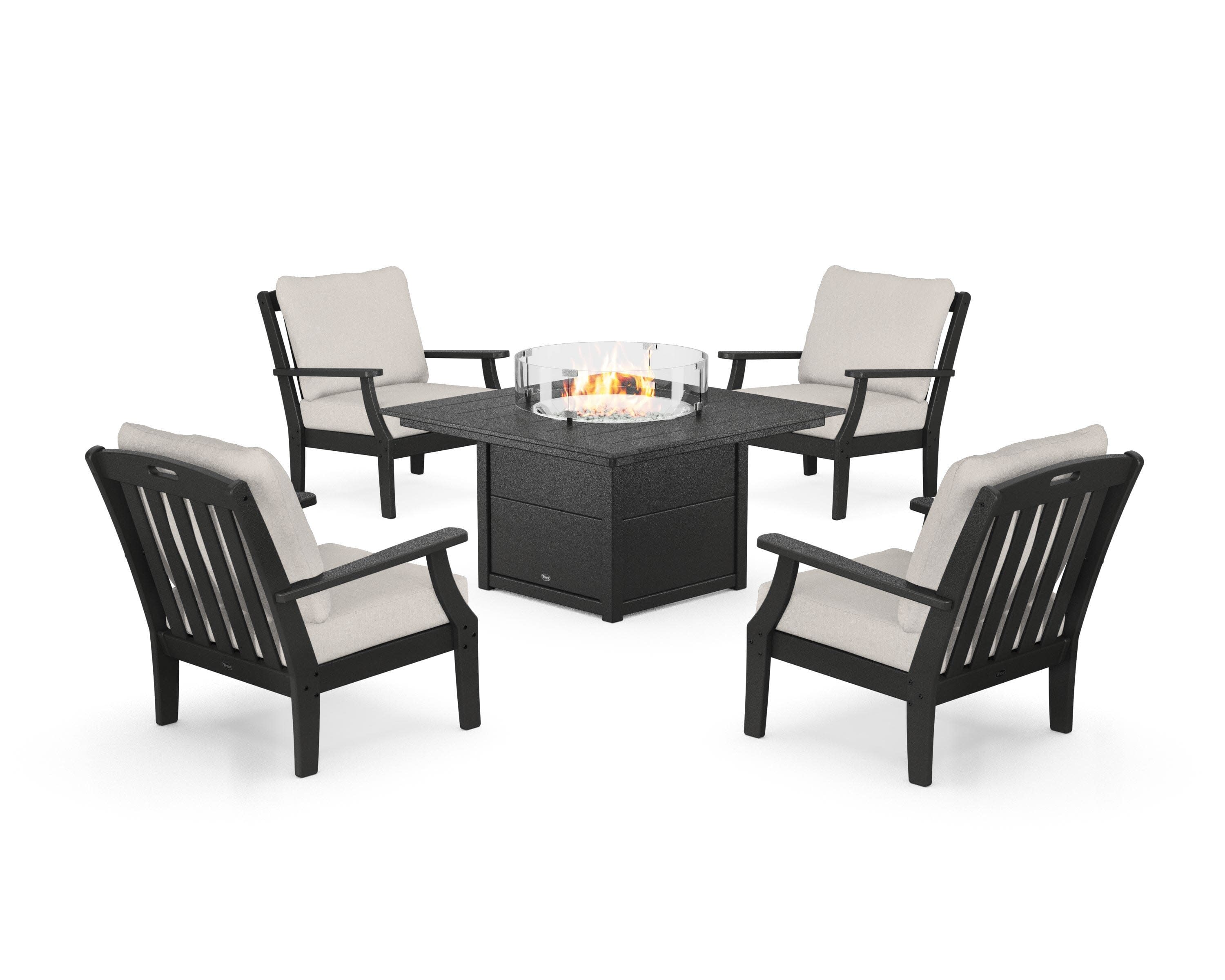Yacht Club 5-Piece Deep Seating Set with Square Fire Pit Table in Charcoal Black / Cast Ash