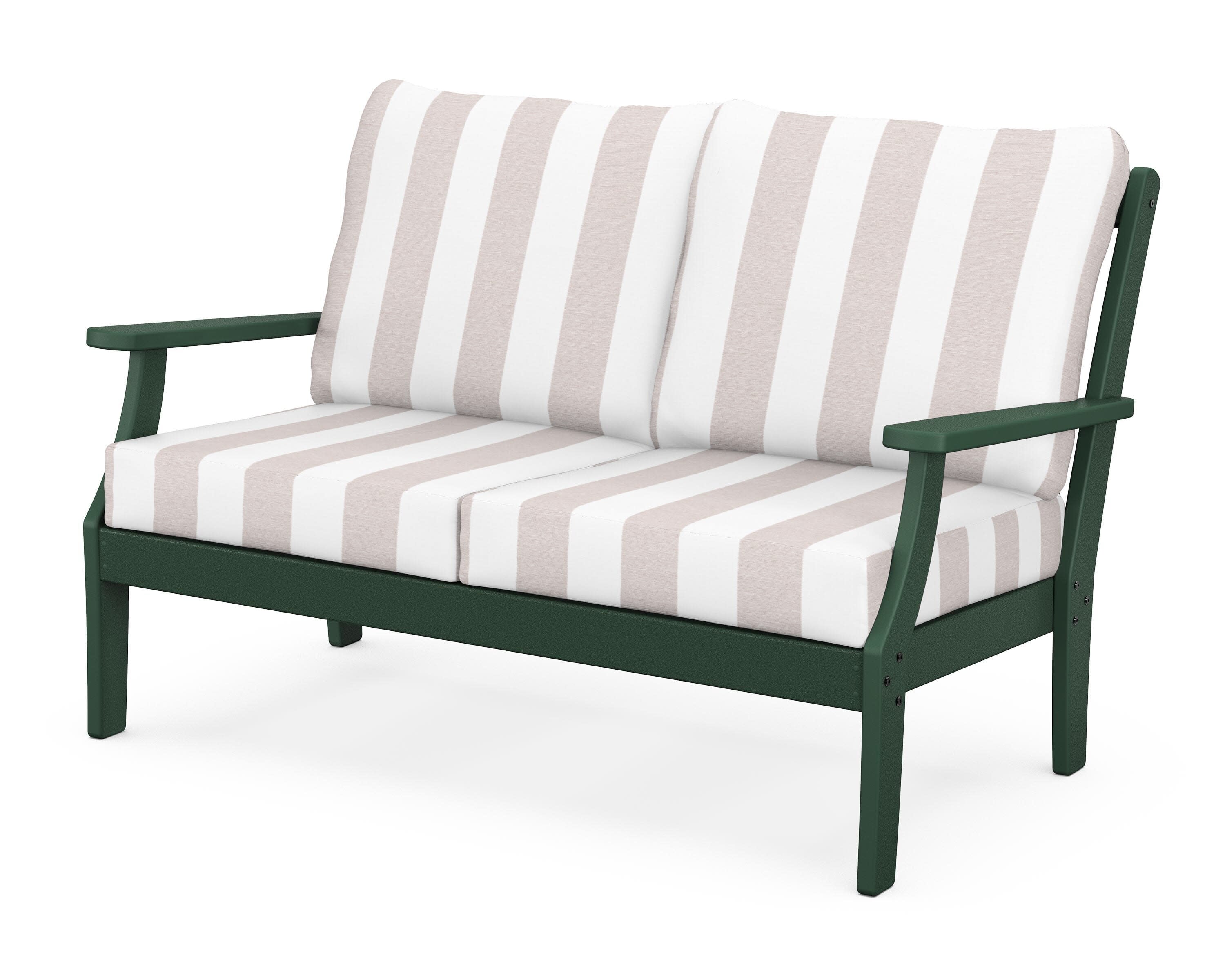 Yacht Club Deep Seating Loveseat in Rainforest Canopy / Cabana Stripe Dune Burlap