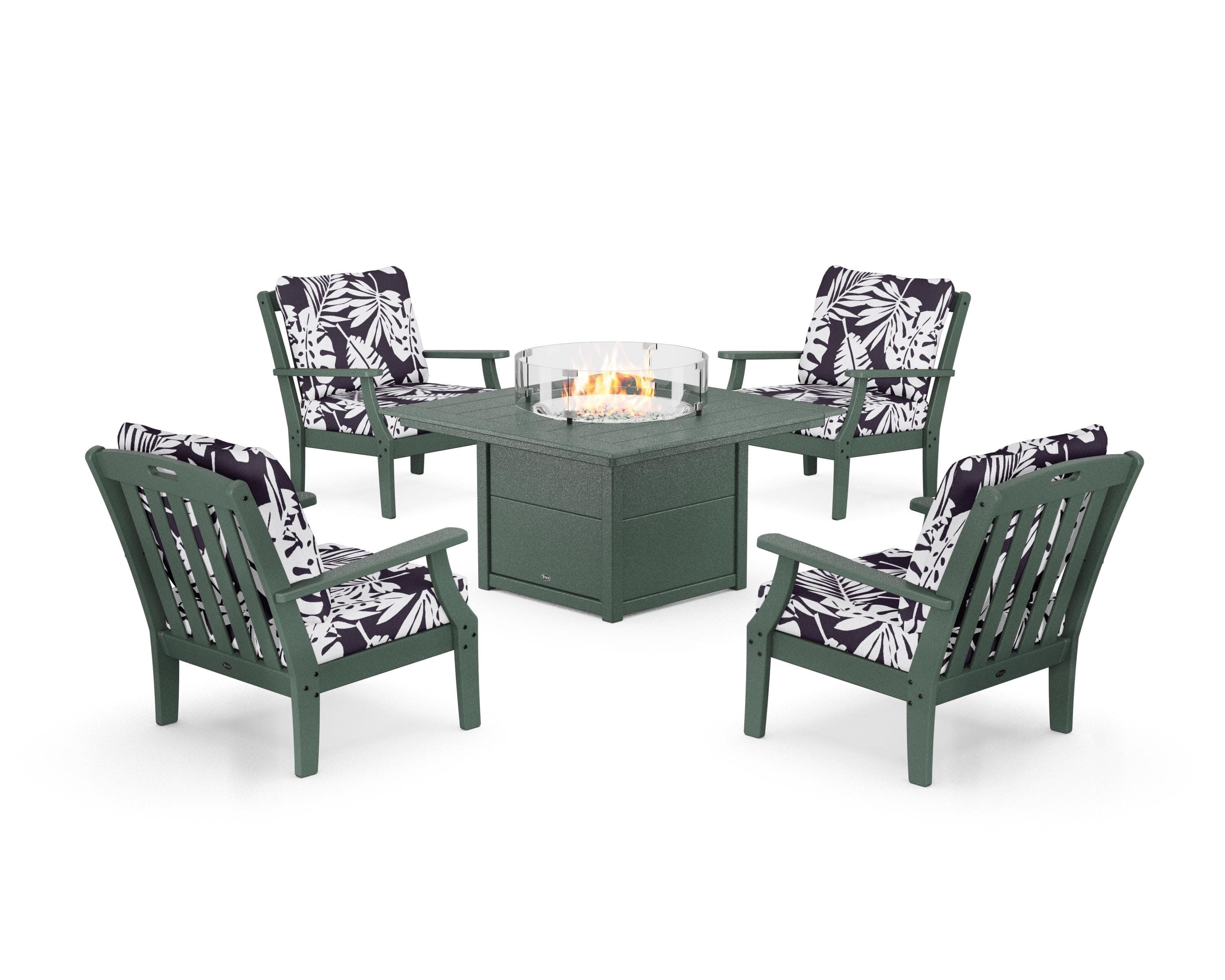 Yacht Club 5-Piece Deep Seating Set with Square Fire Pit Table in Rainforest Canopy / Leaf Navy