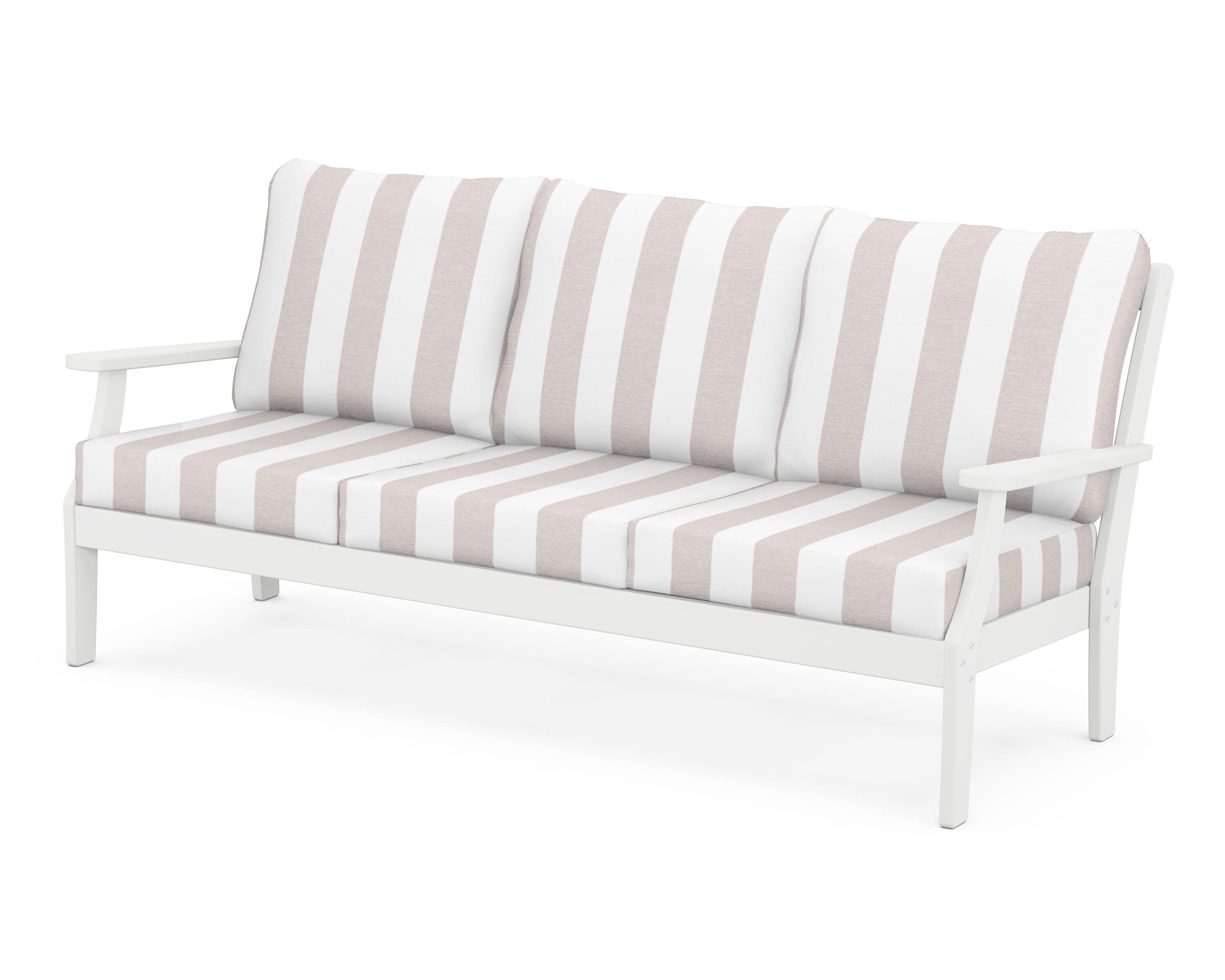 Yacht Club Deep Seating Sofa in Classic White / Cabana Stripe Dune Burlap