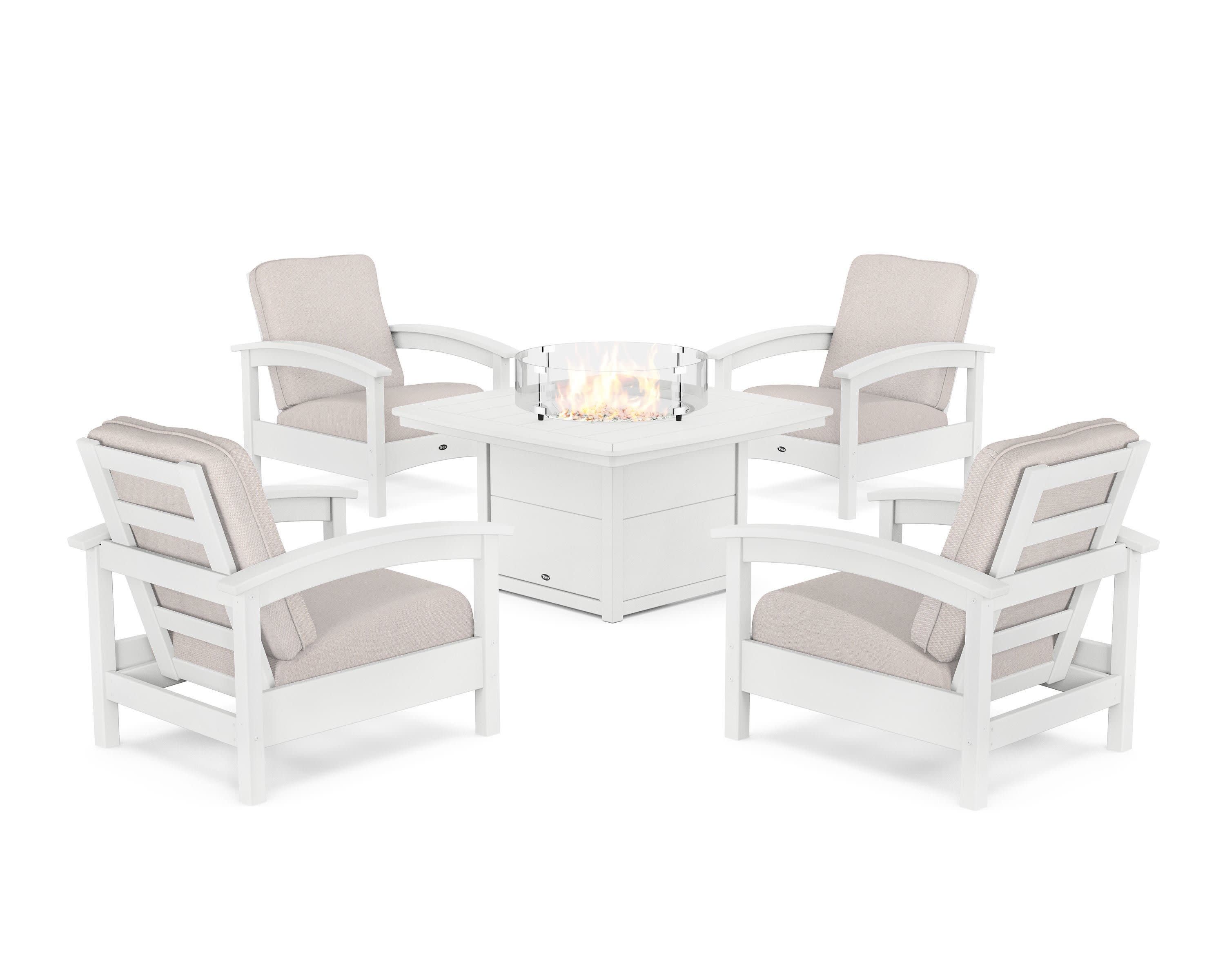 Rockport 5-Piece Deep Seating Set with Yacht Club Fire Pit Table in Classic White / Dune Burlap