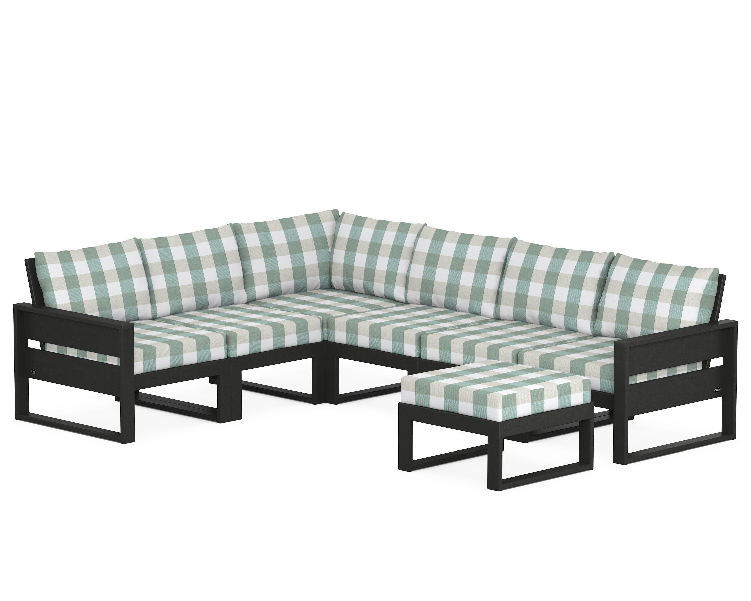 Eastport 6-Piece Sectional with Ottoman in Charcoal Black / Buffalo Plaid Glacier Spa