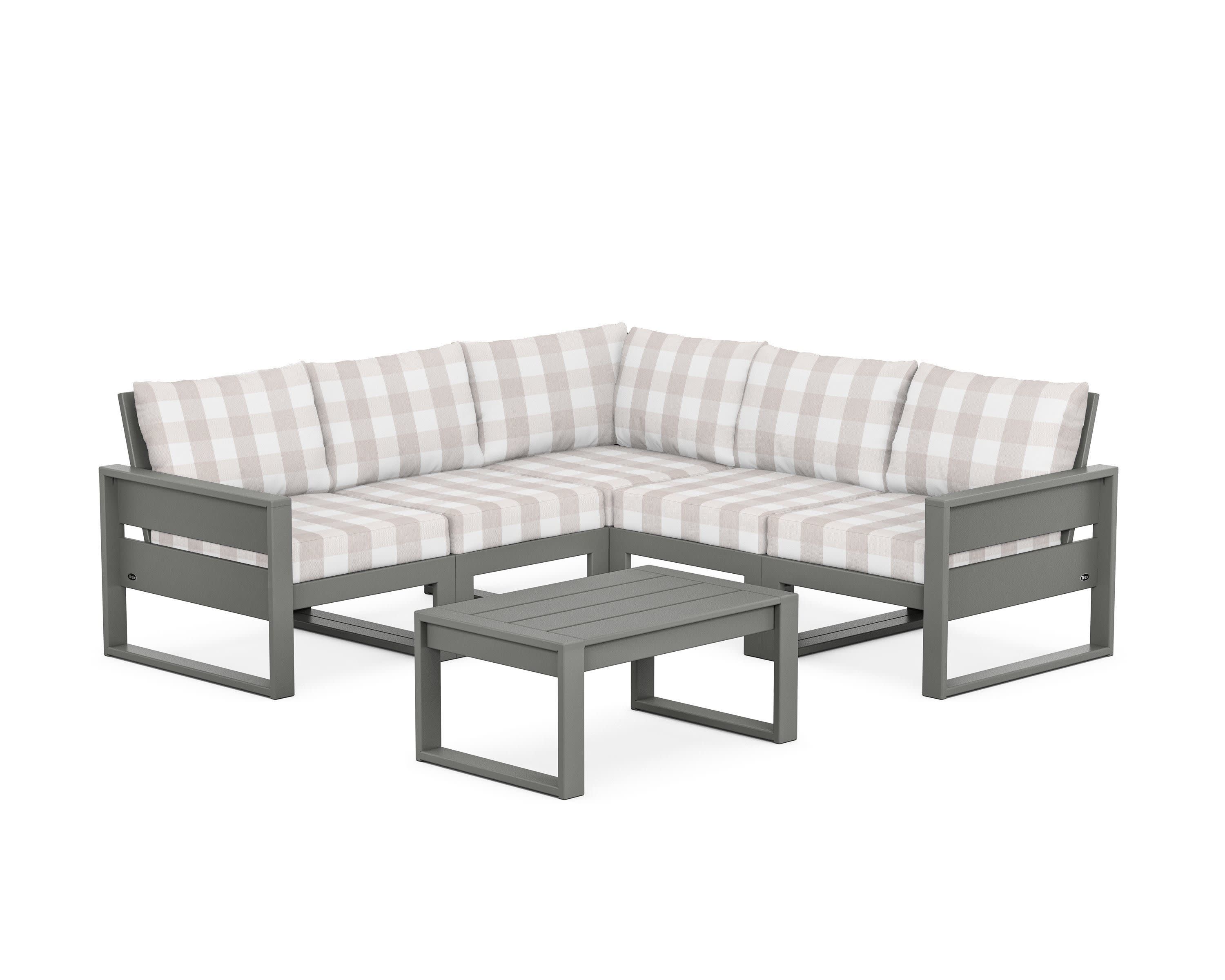 Eastport 6-Piece Deep Seating Sectional + Coffee Table Set in Stepping Stone / Buffalo Plaid Dune Burlap