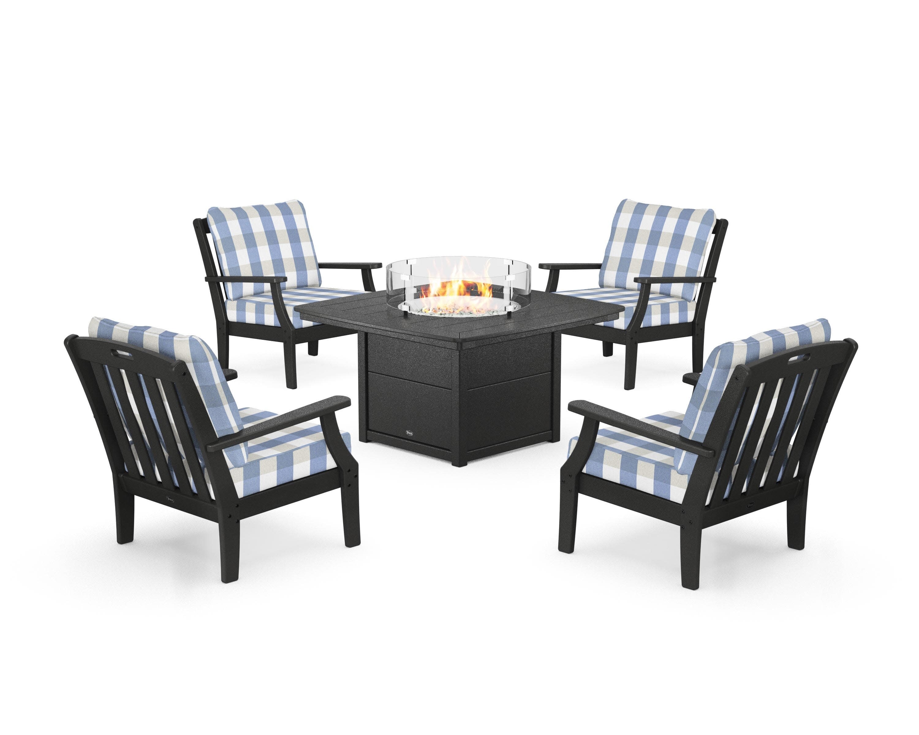 Yacht Club 5-Piece Deep Seating Set with Fire Pit Table in Charcoal Black / Buffalo Plaid Sky Blue