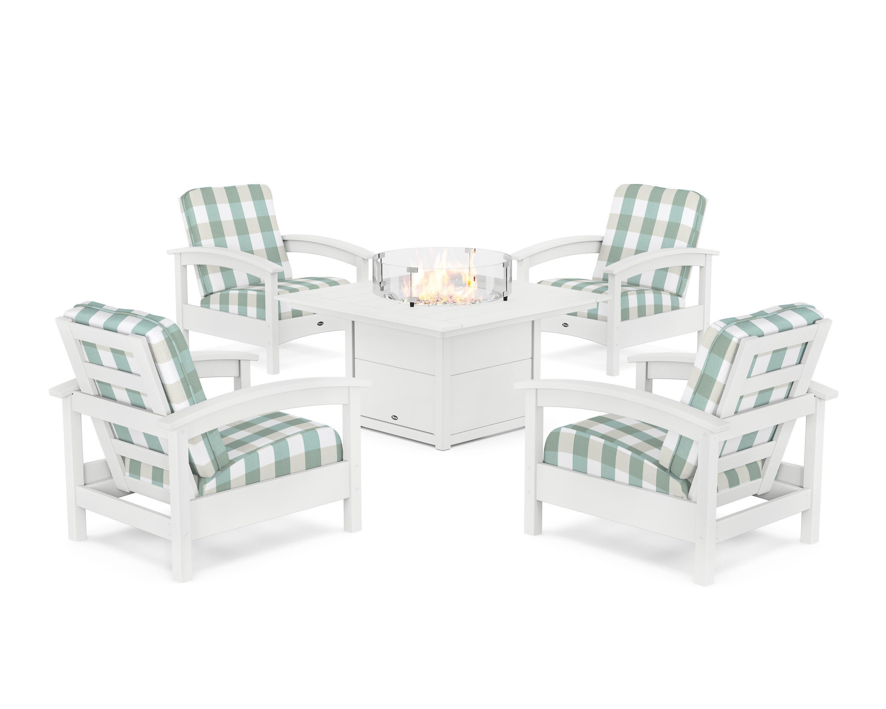Rockport 5-Piece Deep Seating Set with Square Fire Pit Table in Classic White / Buffalo Plaid Glacier Spa