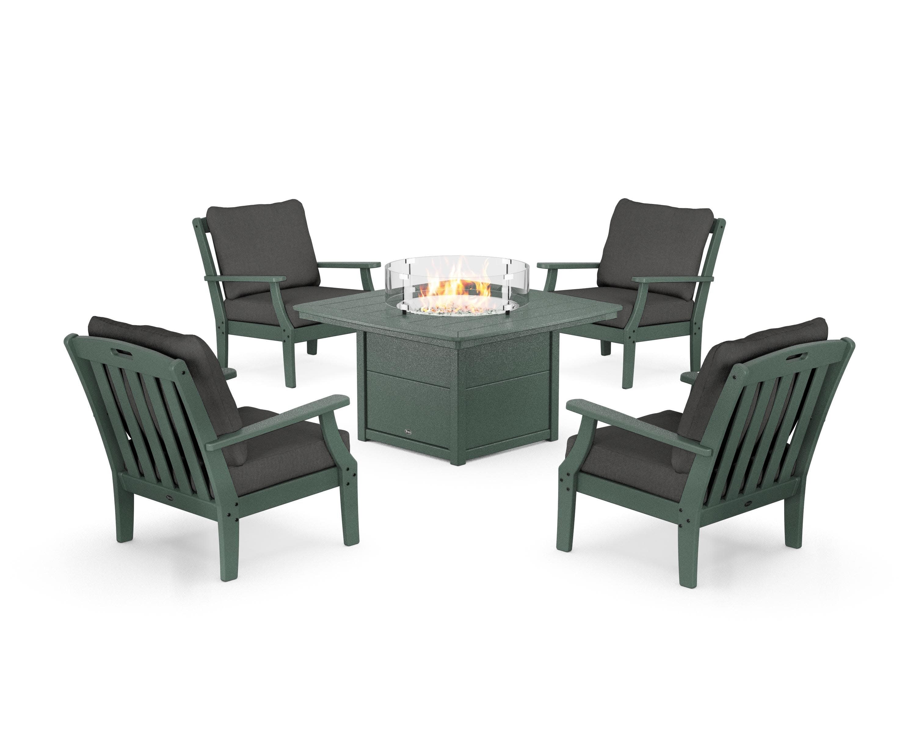 Yacht Club 5-Piece Deep Seating Set with Fire Pit Table in Rainforest Canopy / Spectrum Carbon