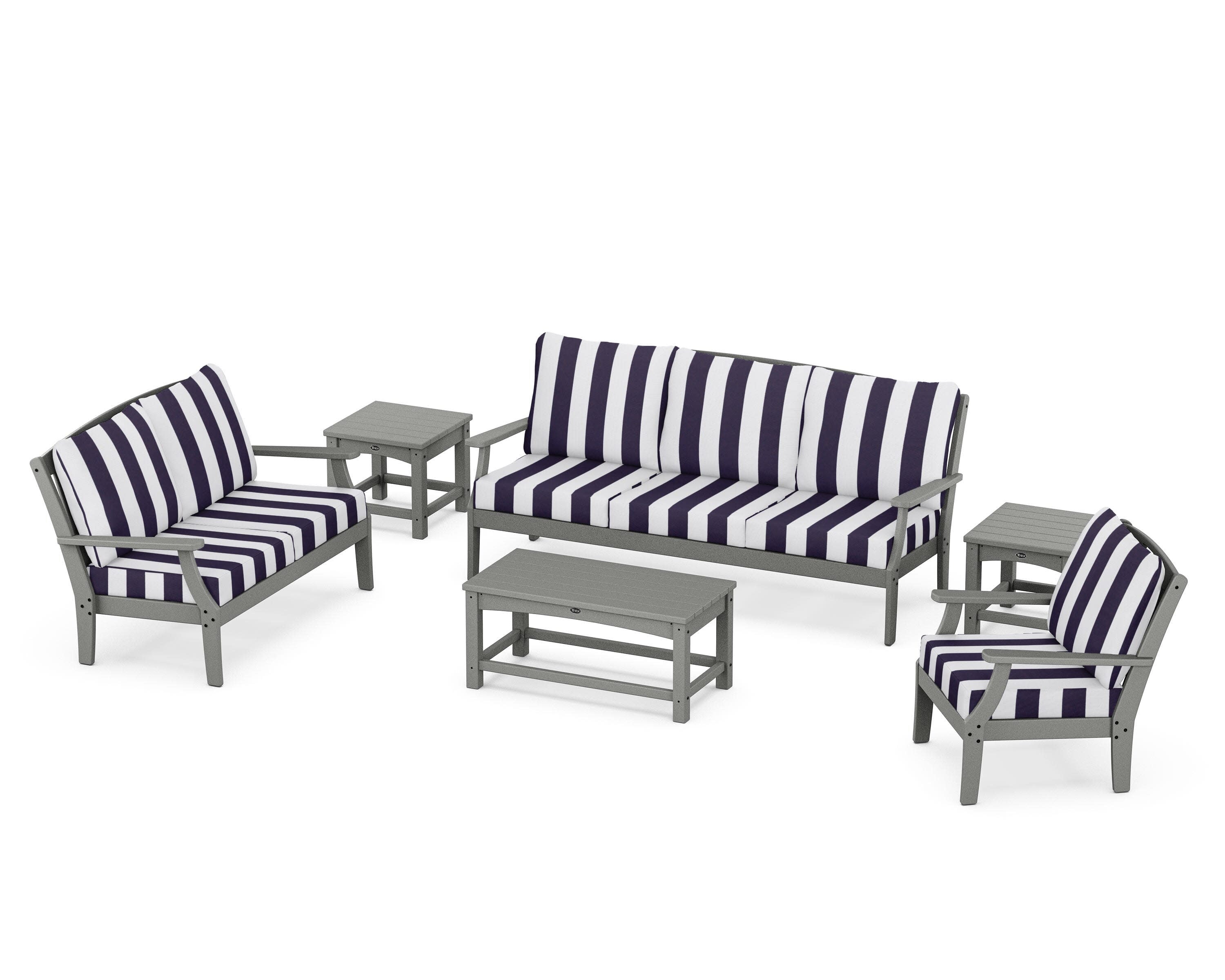 Yacht Club 6-Piece Deep Seating Set in Stepping Stone / Cabana Stripe Navy
