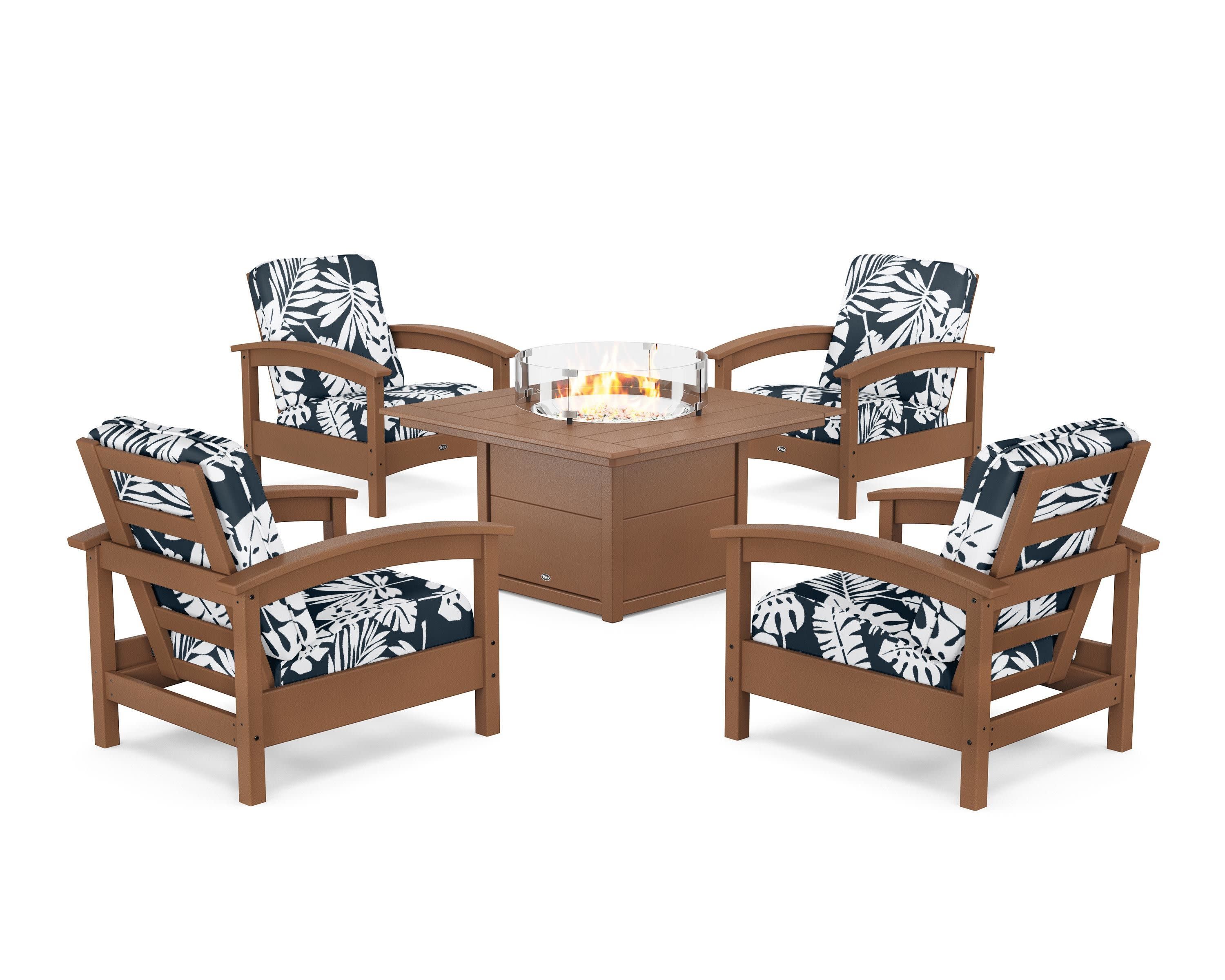 Rockport 5-Piece Deep Seating Set with Square Fire Pit Table in Tree House / Leaf Marine Indigo