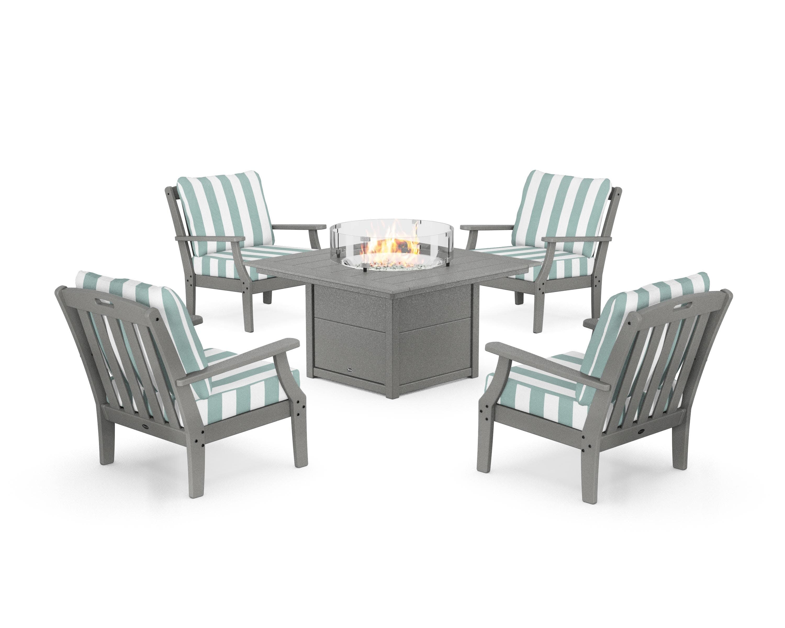 Yacht Club 5-Piece Deep Seating Set with Square Fire Pit Table in Stepping Stone / Cabana Stripe Glacier Spa