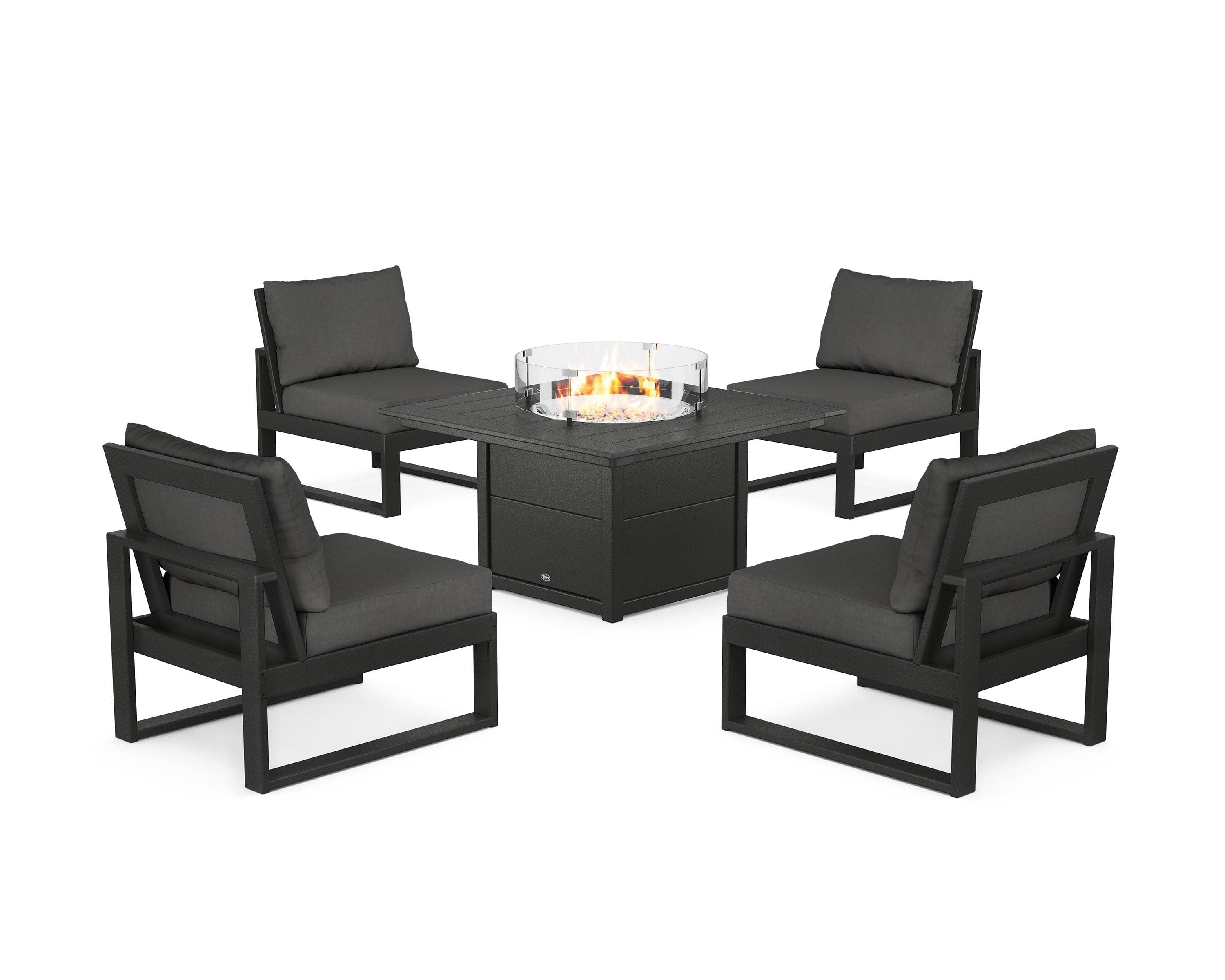 Eastport Modular 5-Piece Deep Seating Set with Square Fire Pit Table in Charcoal Black / Spectrum Carbon
