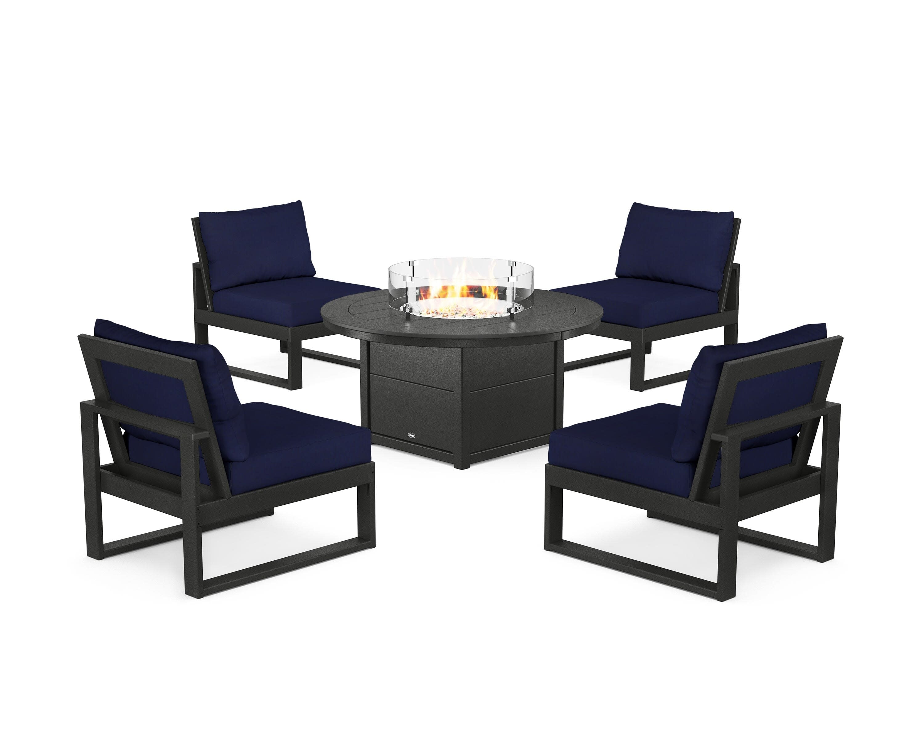 Eastport Modular 5-Piece Deep Seating Set with Round Fire Pit Table in Charcoal Black / Navy
