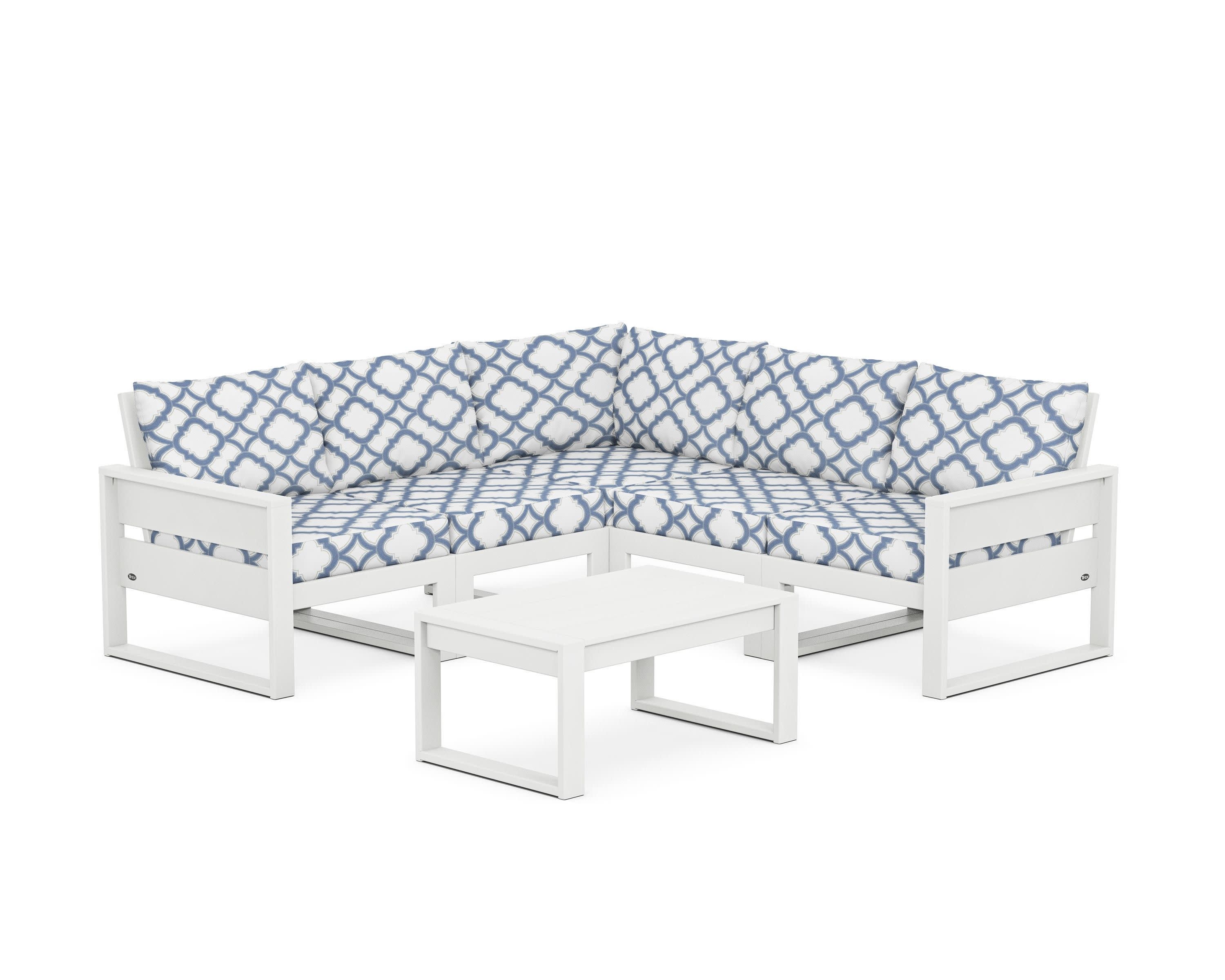 Eastport 6-Piece Deep Seating Sectional + Coffee Table Set in Classic White / Trellis Sky Blue