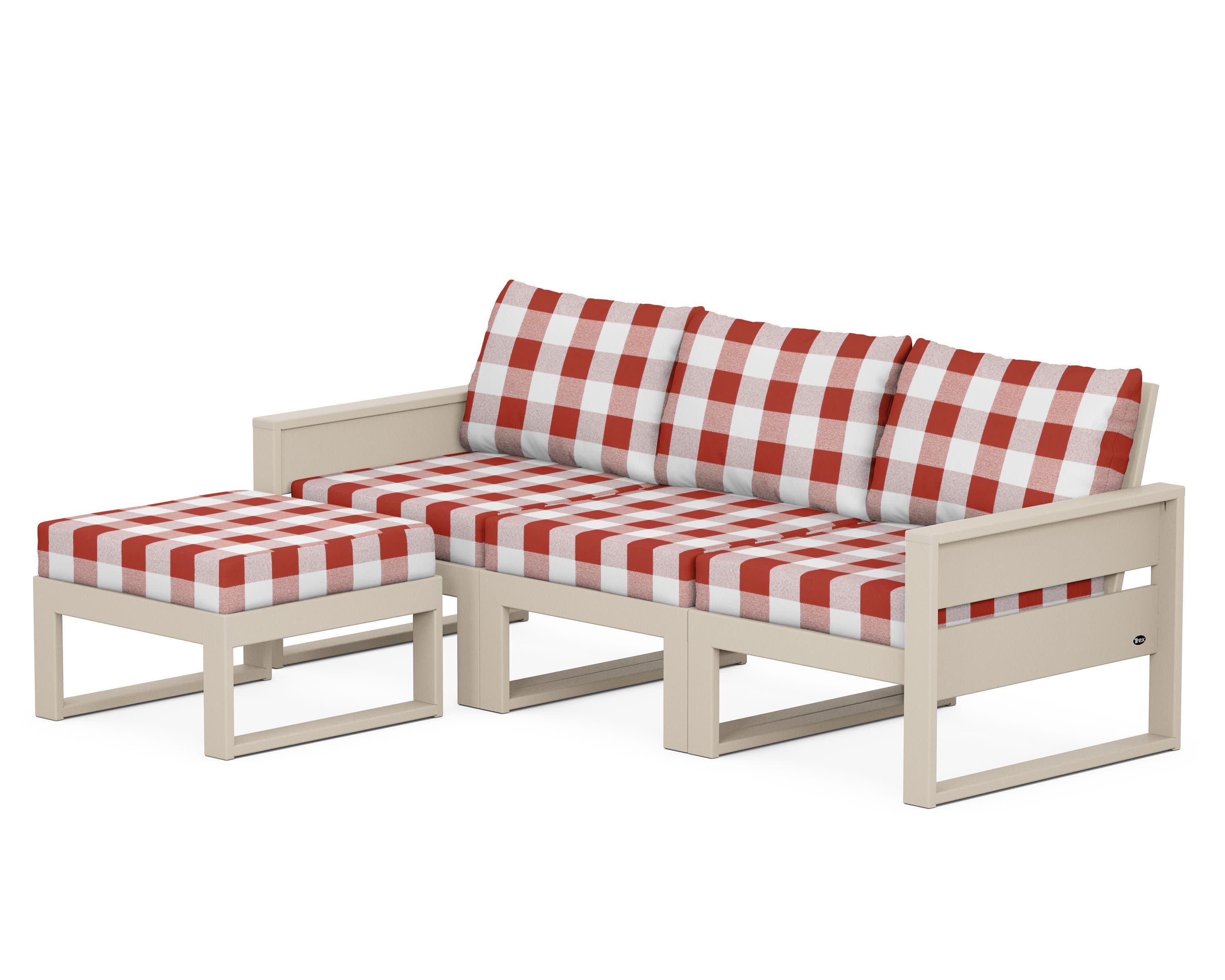 Eastport 4- Piece Sectional with Ottoman in Sand Castle / Buffalo Plaid Crimson