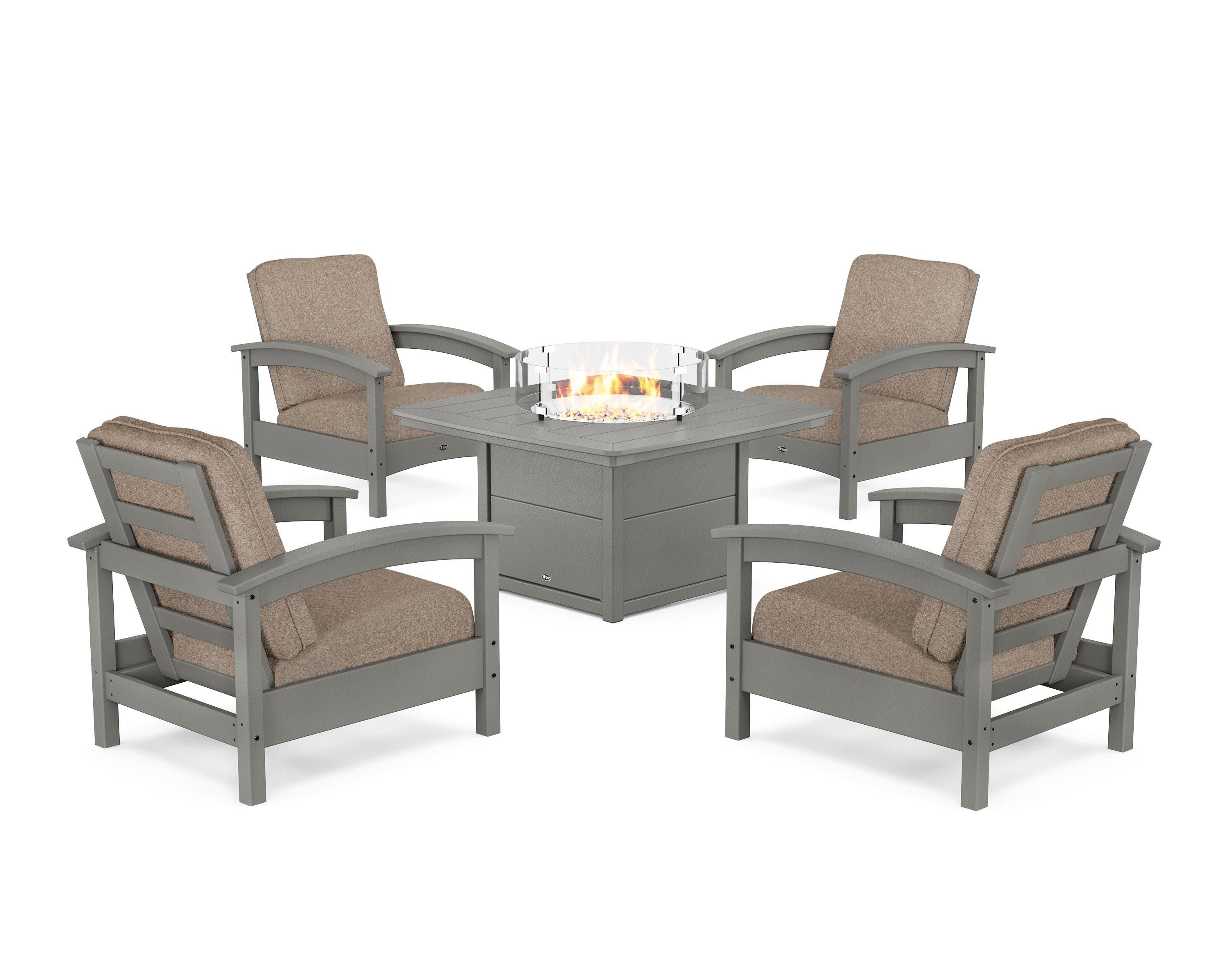 Rockport 5-Piece Deep Seating Set with Yacht Club Fire Pit Table in Stepping Stone / Spiced Burlap