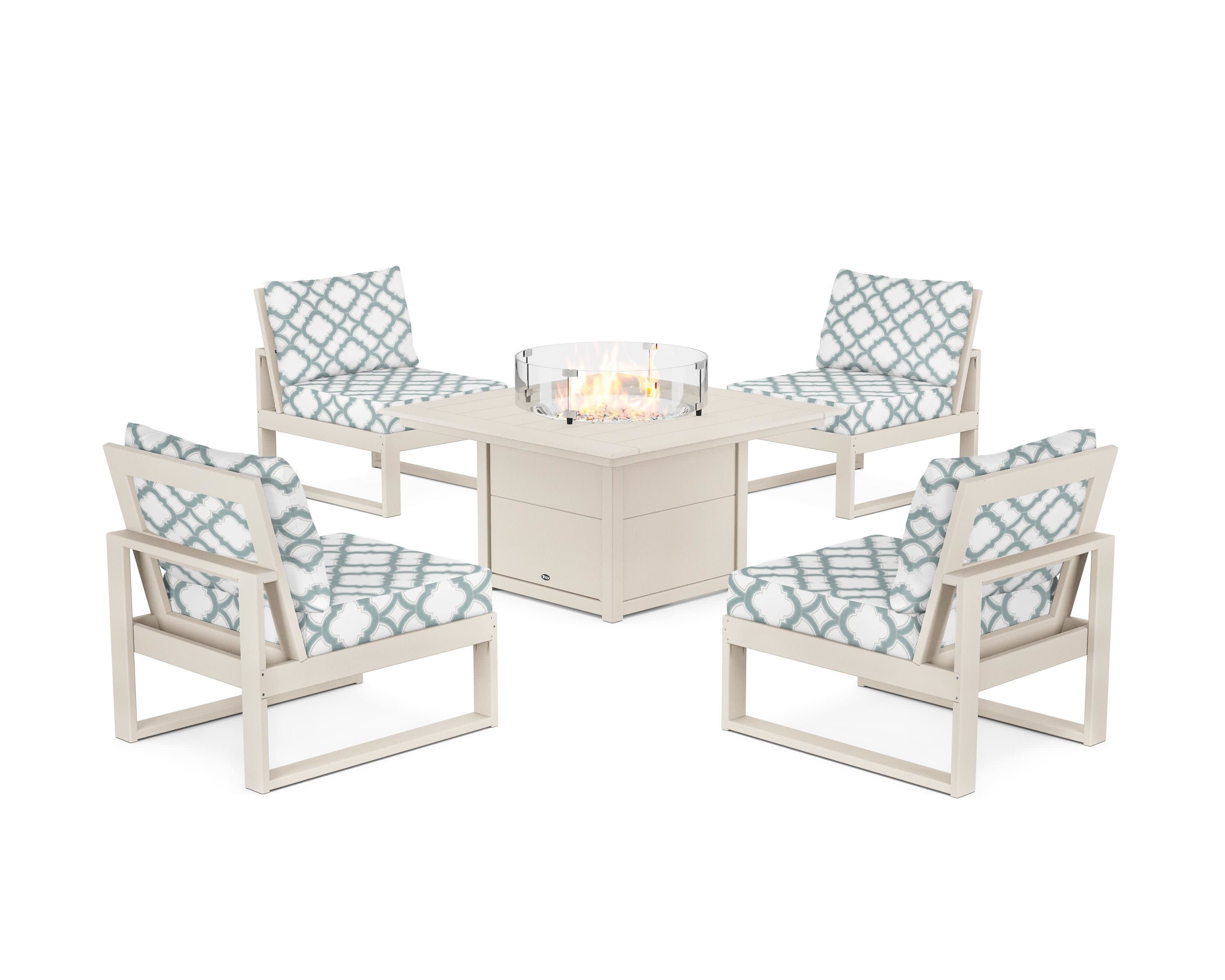 Eastport Modular 5-Piece Deep Seating Set with Square Fire Pit Table in Sand Castle / Trellis Glacier Spa