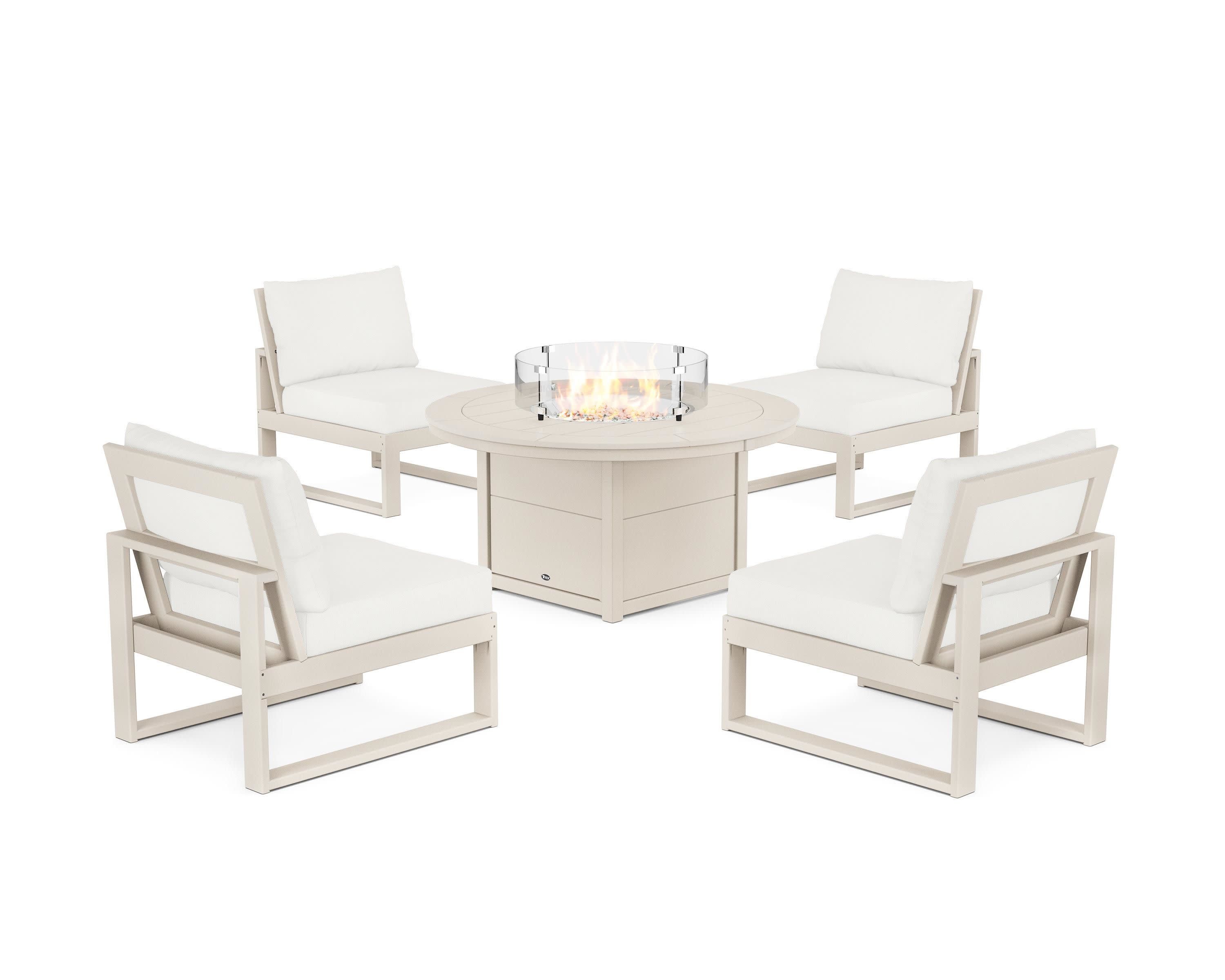 Eastport Modular 5-Piece Deep Seating Set with Round Fire Pit Table in Sand Castle / Natural Linen