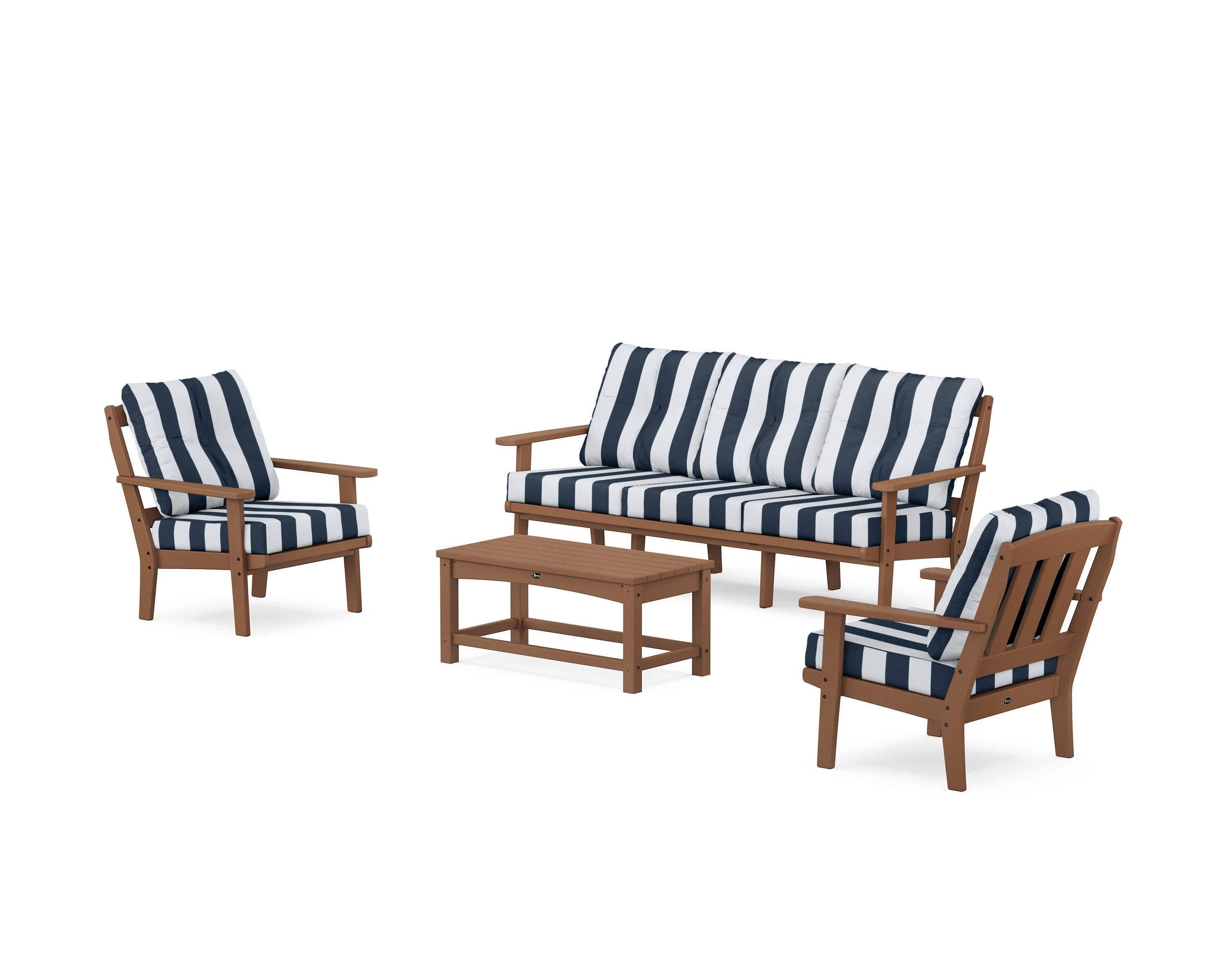 Cape Cod 4-Piece Deep Seating Set with Sofa in Tree House / Cabana Stripe Marine Indigo