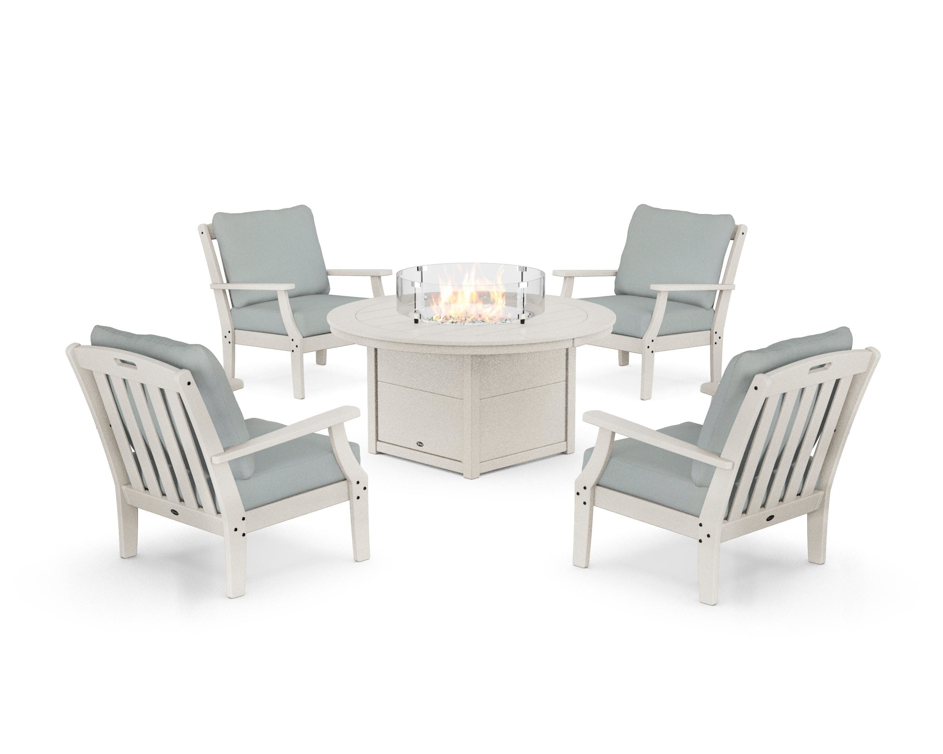 Yacht Club 5-Piece Deep Seating Set with Round Fire Pit Table in Sand Castle / Spa