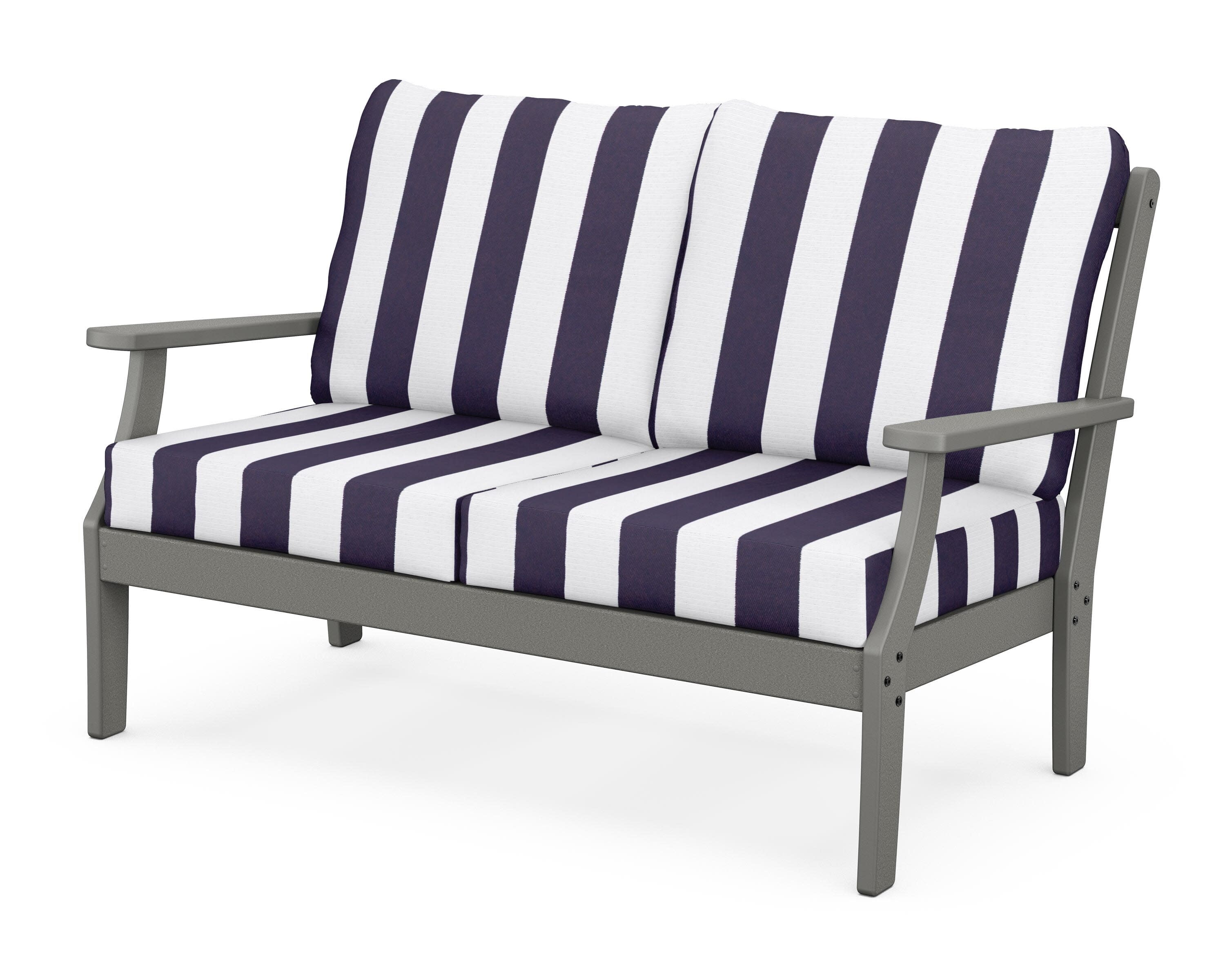 Yacht Club Deep Seating Loveseat in Stepping Stone / Cabana Stripe Navy