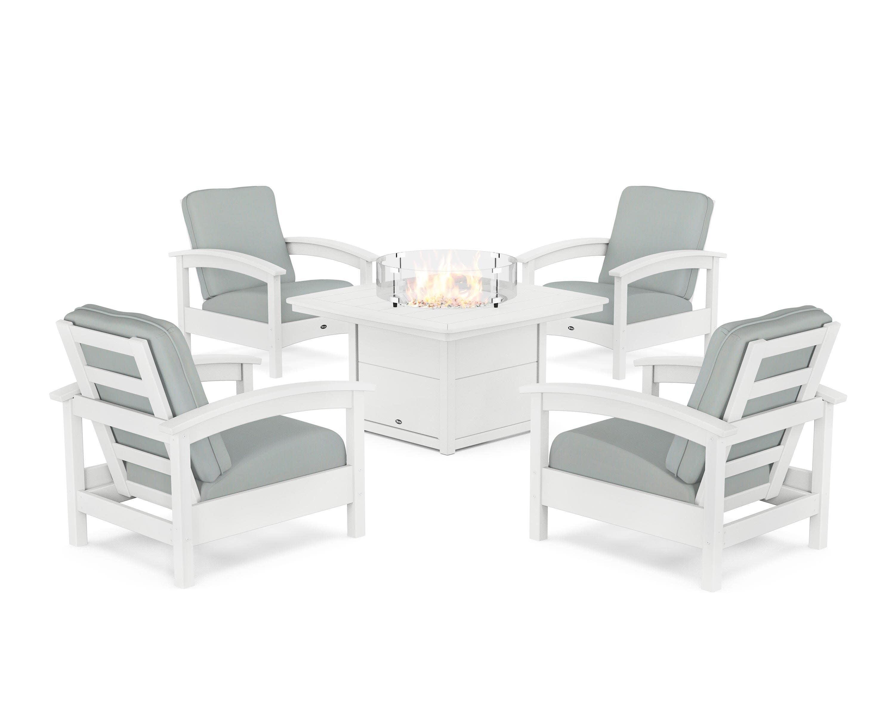 Rockport 5-Piece Deep Seating Set with Yacht Club Fire Pit Table in Classic White / Spa
