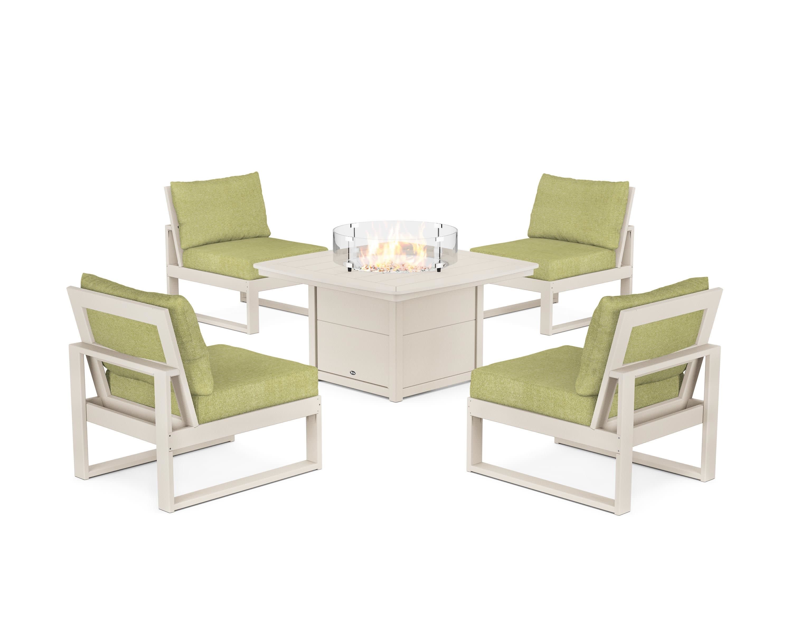 Eastport Modular 5-Piece Deep Seating Set with Yacht Club Fire Pit Table in Sand Castle / Chartreuse Boucle