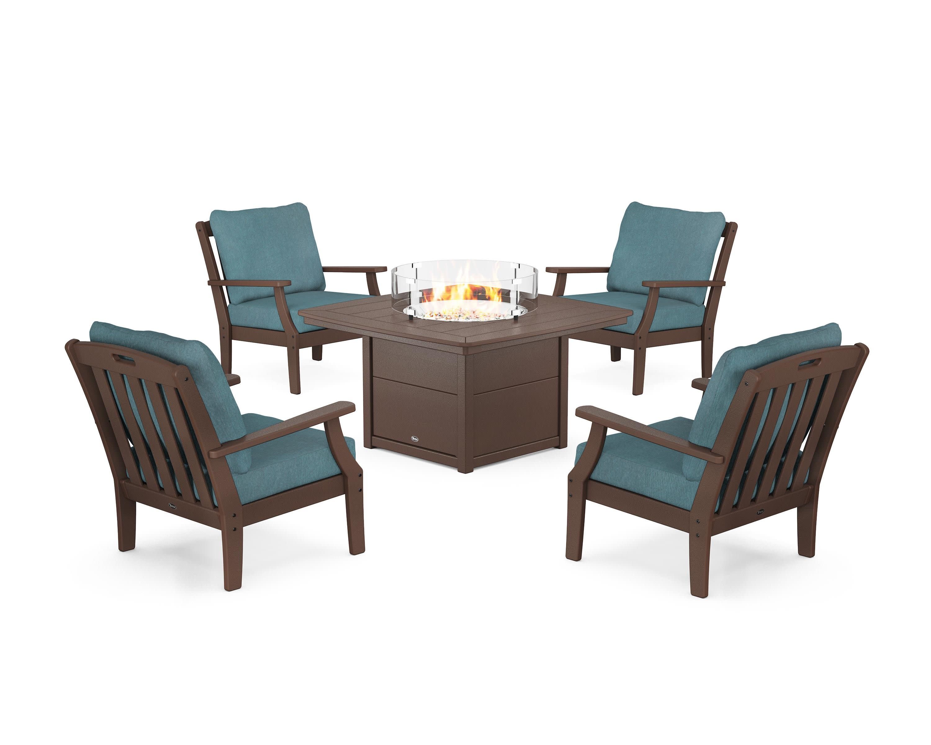 Yacht Club 5-Piece Deep Seating Set with Fire Pit Table in Vintage Lantern / Ocean Teal