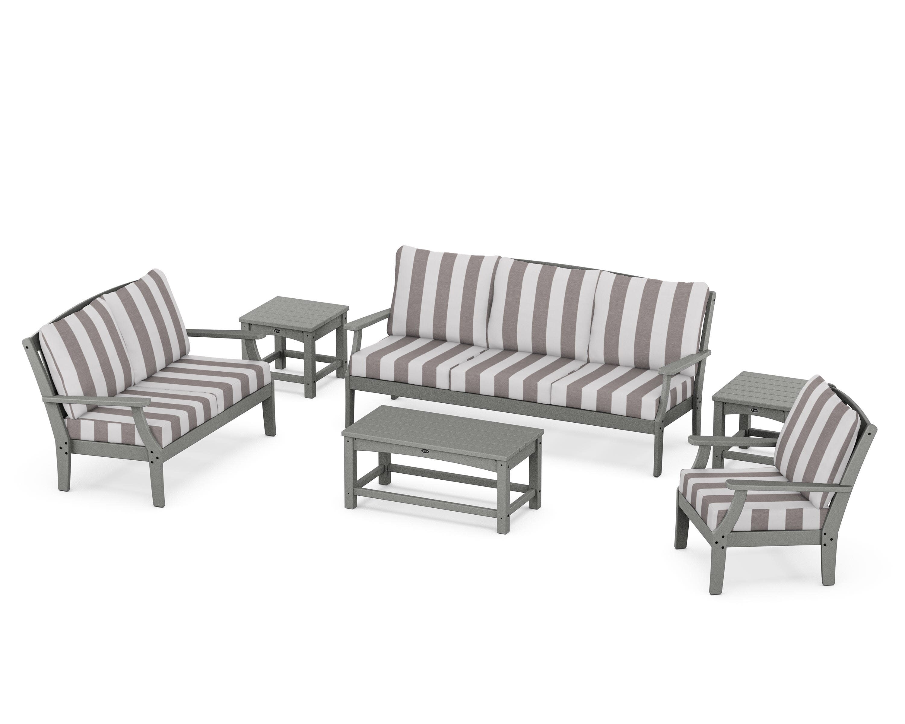 Yacht Club 6-Piece Deep Seating Set in Stepping Stone / Cabana Stripe Grey Mist